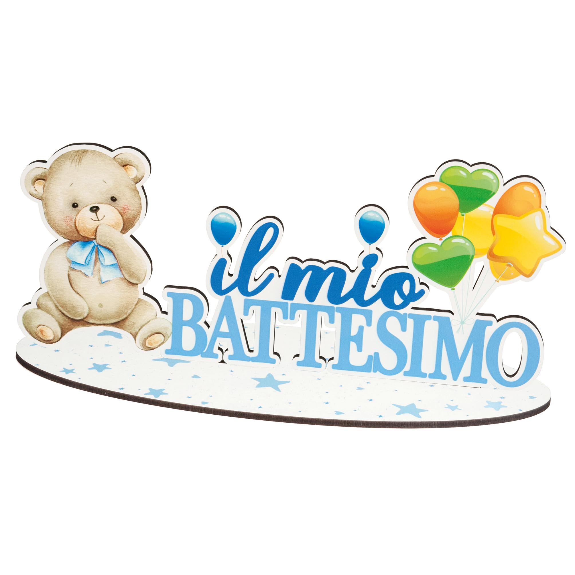 Centrotavola Maxi Scritta in Legno per Eventi Speciali Decorazione Festa Tavolo Torta Idea Regalo per Party Accessori Celebrazioni (Il Mio Battesimo Celeste con Orsacchiotto 35x16 cm)