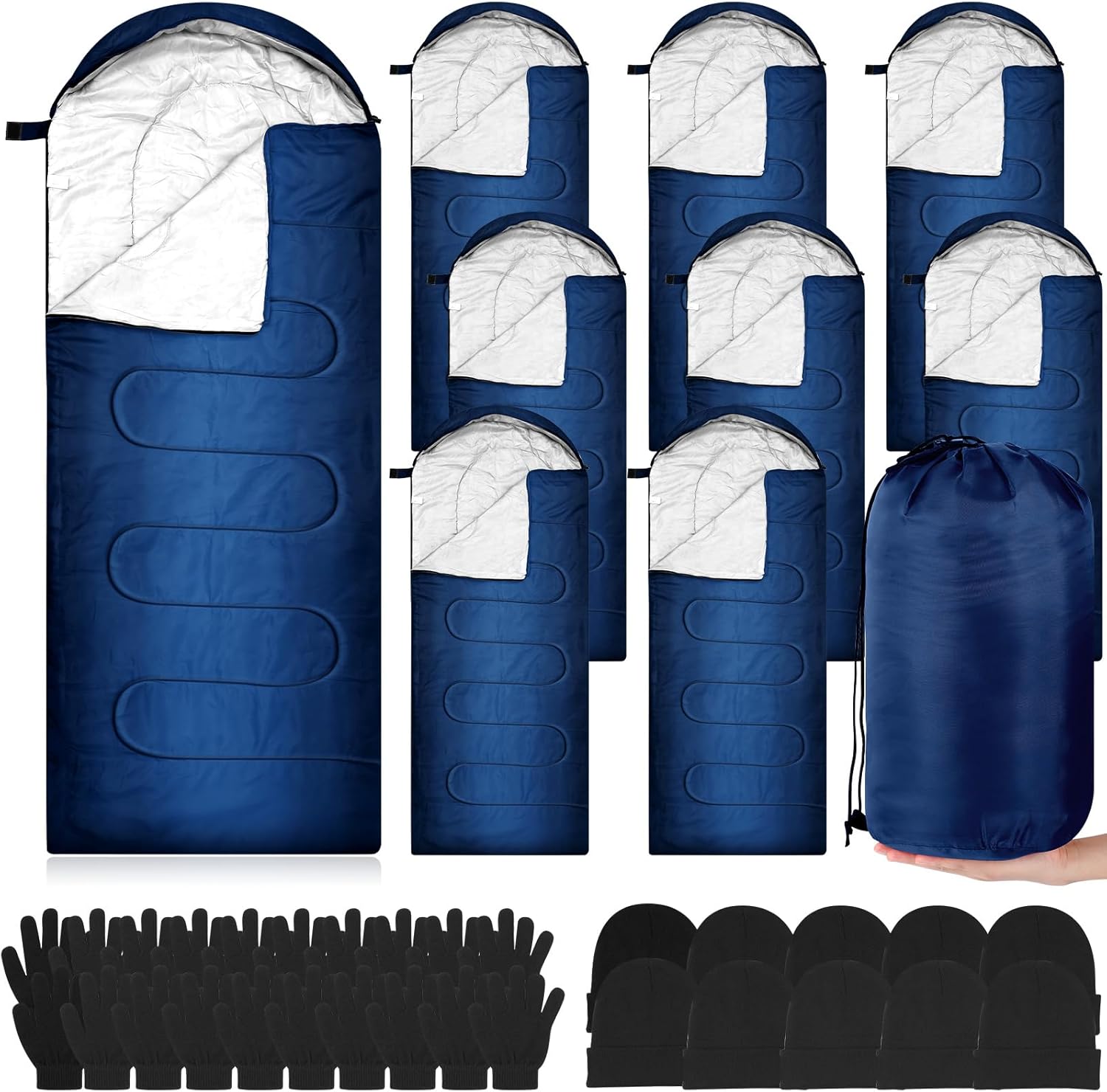 Tranqun 30 Pcs Bulk Sleeping Bags for Homeless Adults, Cold Weather Camping Sleeping Bag Liner with Winter Beanies and Gloves, Waterproof Lightweight for Backpacking Emergency Supplies