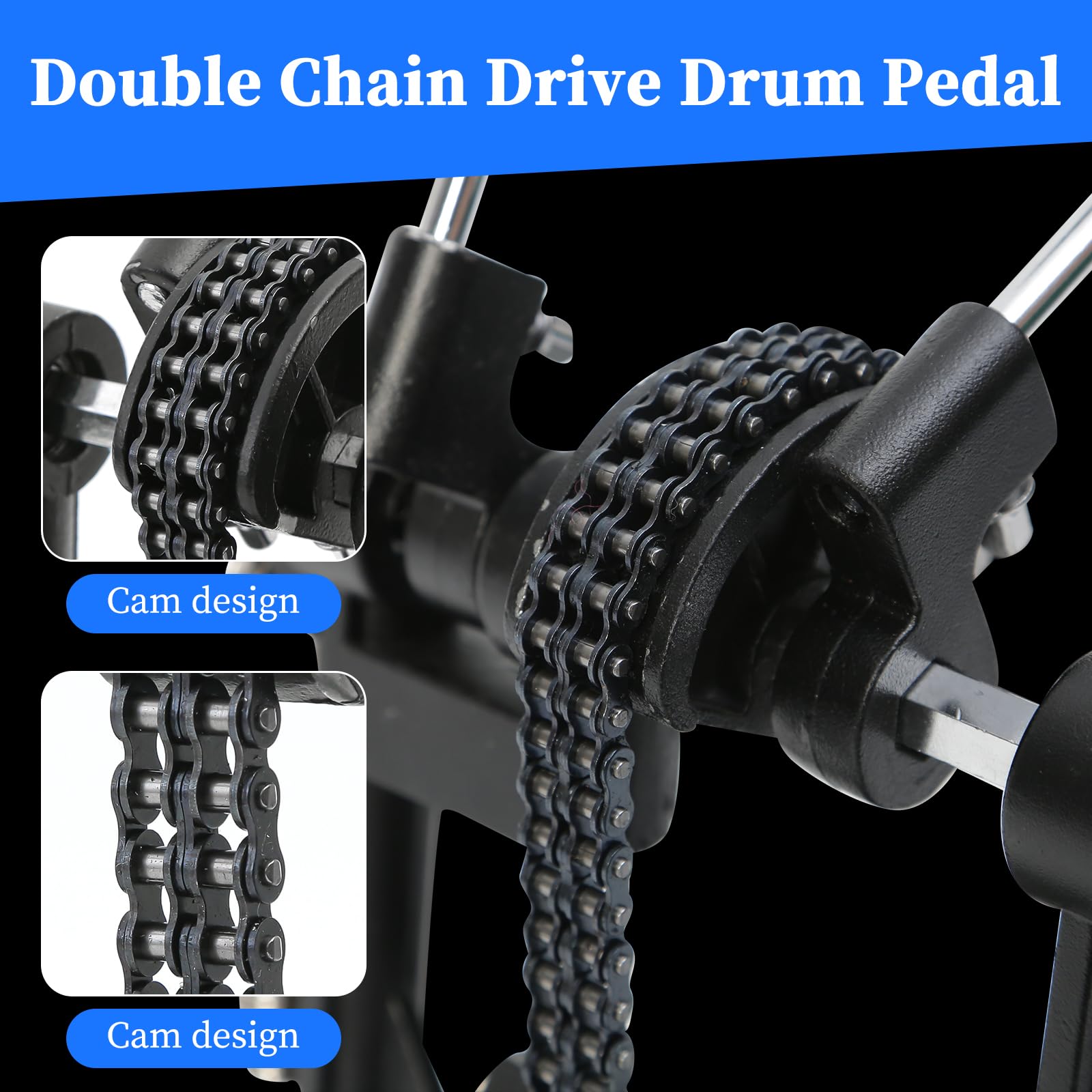Doppel-Bass-Drum-Pedal, Doppel-Bass-Pedal mit verstellbarem Schlägelkopf, Doppelkettenantrieb, Fußkickpedal mit Schlagzeugschlüssel für Schlagzeug und elektronische Drums (Silber, Doppeltrommelpedal)