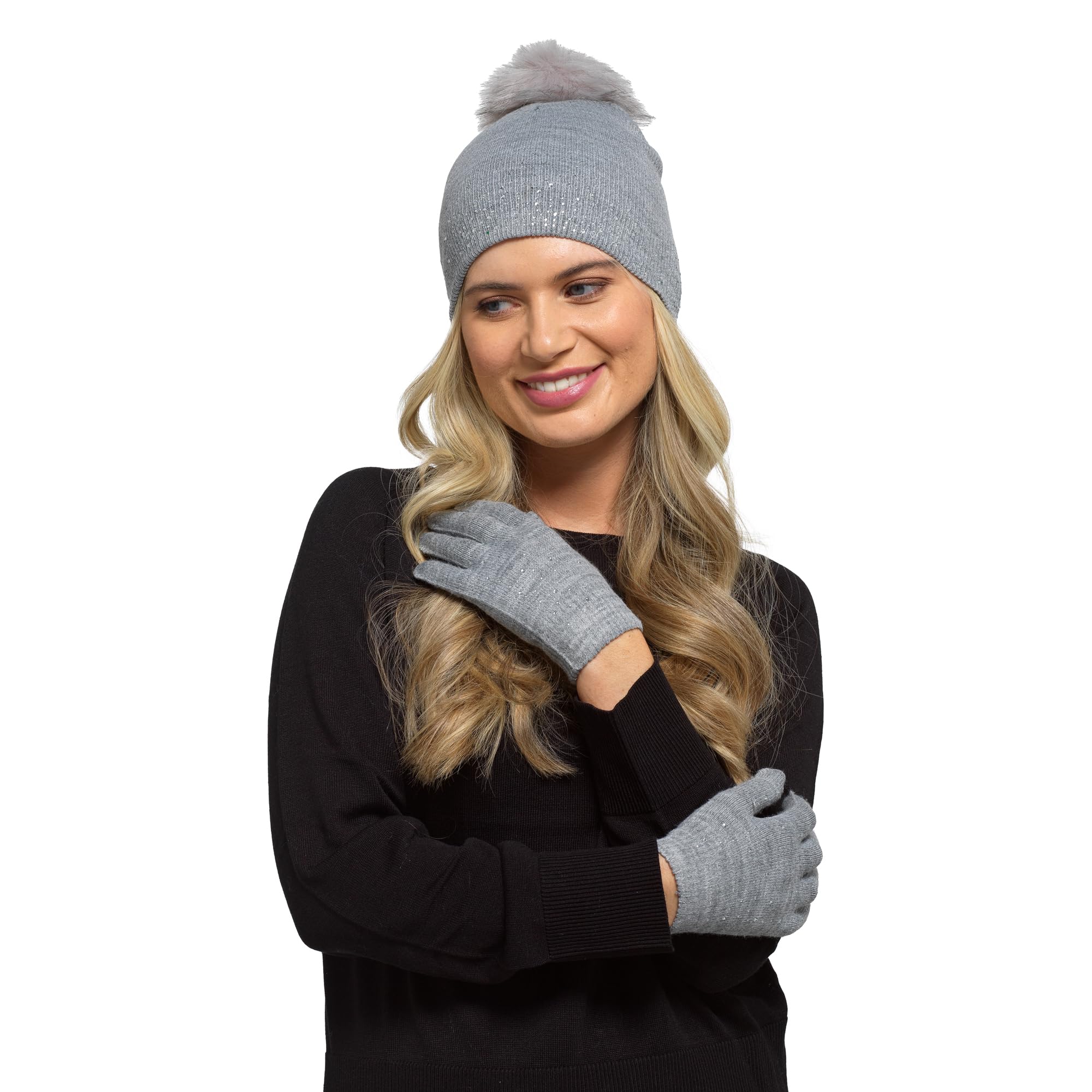 Slumber Hut Women's Diamantes Grey Set Grey Diamantes Beanie Hat Set With Matching Gloves