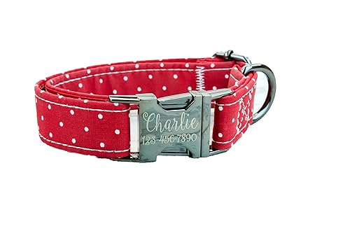 Red polka dot Dog Collar wmetal buckle or plastic HAND MADE Custom Engraved Personalized Collar 1 inch wide designer collars