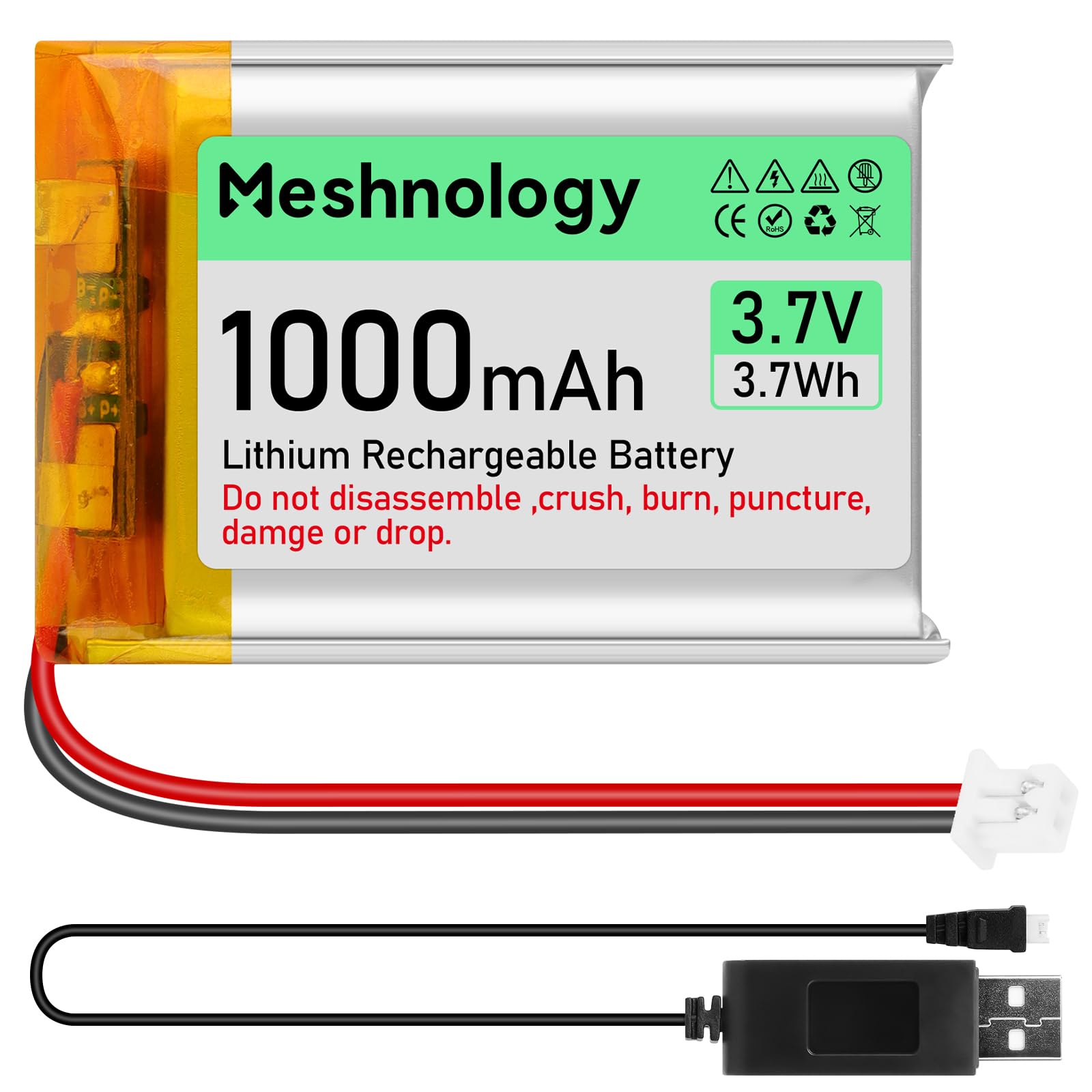 Photo 1 of Meshnology 3.7V Lipo Battery 1000mAh 803040 Rechargeable Lithium Polymer Battery with USB Charger Cable Micro Ph1.25 Connector Integrated Protection Circuit for Electronic Device