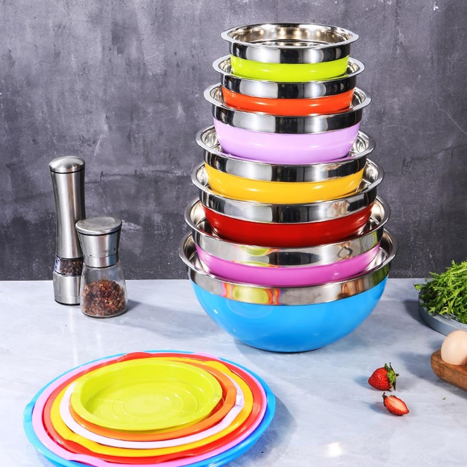 Kikumi 7-teiliges Rührschüssel-Set mit Deckel, Stapelbare Schüssel, Salat- und Lebensmittelbehälter aus Edelstahl, Kunststoff, Zum Backen, Kochen, Vorbereiten, Servieren