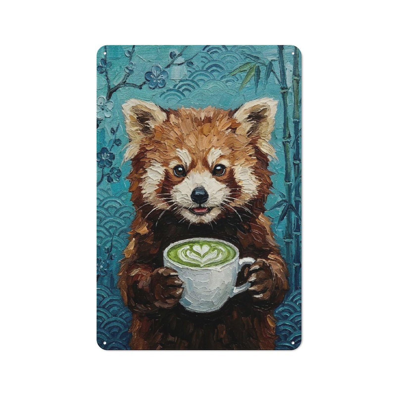 Junmoney Style-9 Red Panda With Matcha Latte Painting Vintage Metal Wall Decor 30X20cm, Tin Wall Sign For Restaurant, Kitchen, Counter Or Breakfast Nook