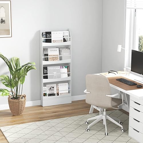 Miniatura 7 de Tangkula Estantería para niños, estantería independiente de 4 niveles para libros, revistas y periódicos, 2 kits antivuelcos, estante de