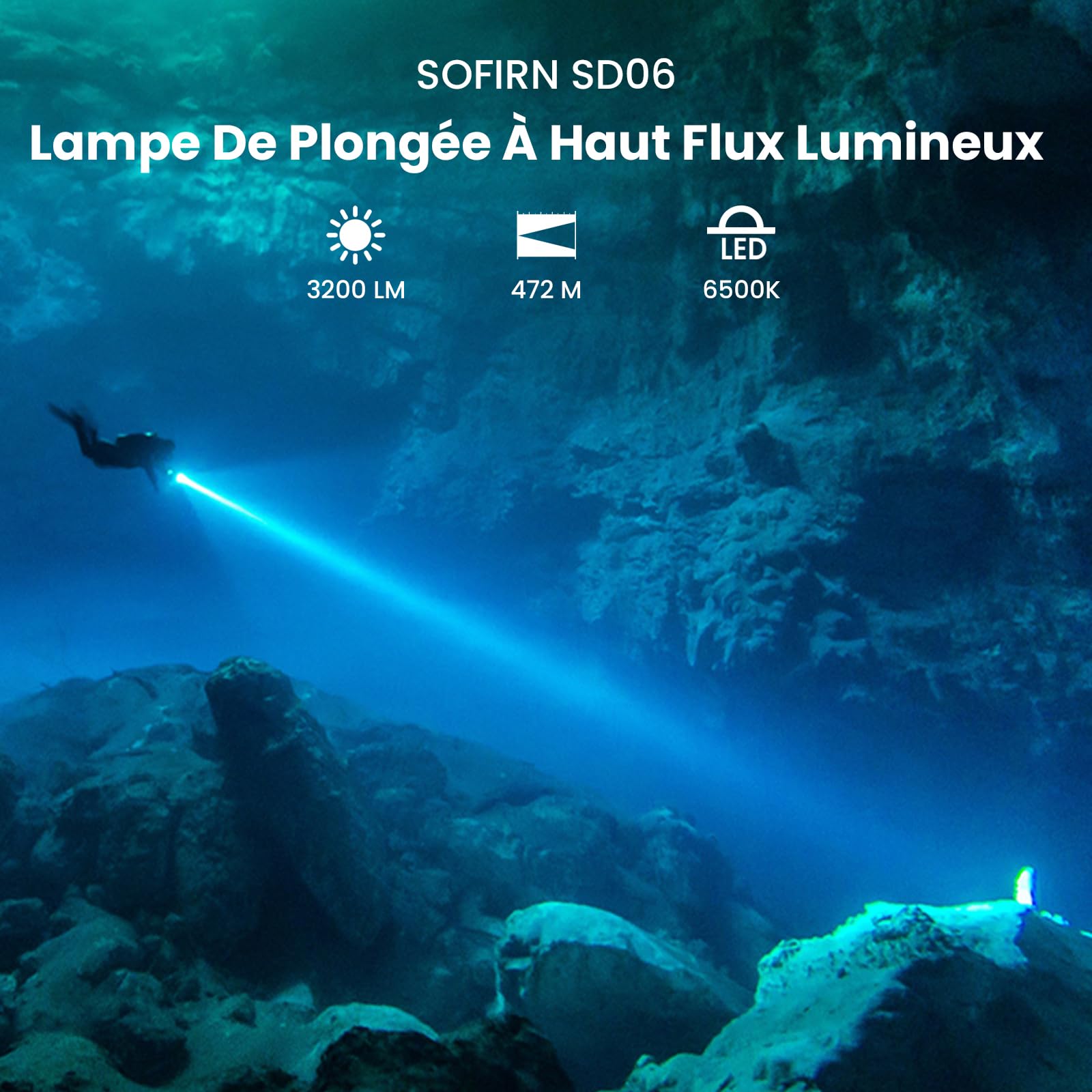 CSTEBOKE Sofirn SD06, lampe de plongée 3200 lm, portée 472 m, IPX8, perles lampe STF70, 6500 K, lampe de plongée professionnelle avec mode verrouillage et interrupteur magnétique