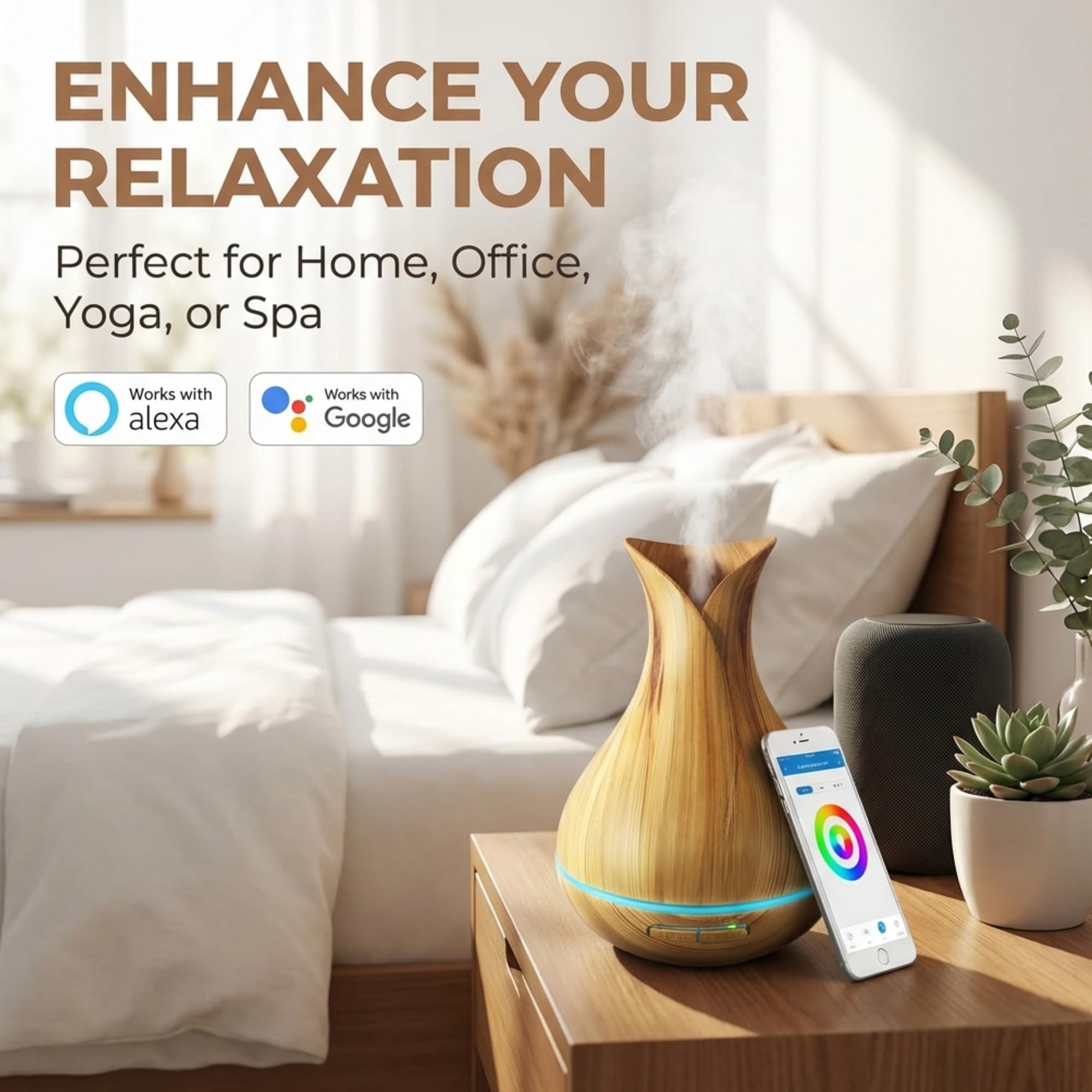 Sierra Modern Home Smart WiFi Humidifier - Aromatherapy Essential Oil Diffusers with App Control & Voice Control - Works with Alexa & Google Home - 400ml Ultrasonic Diffuser & Humidifier -: Light Brown