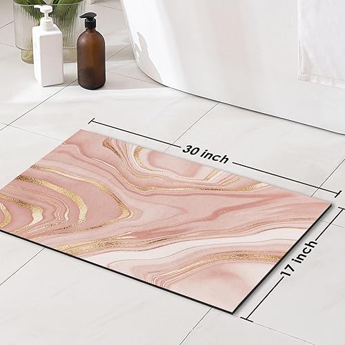 Miniatura 2 de Arttown Tapete de baño lavable con textura de mármol rosa y dorado, tapete de baño con parte trasera de goma antideslizante, decoración de baño de