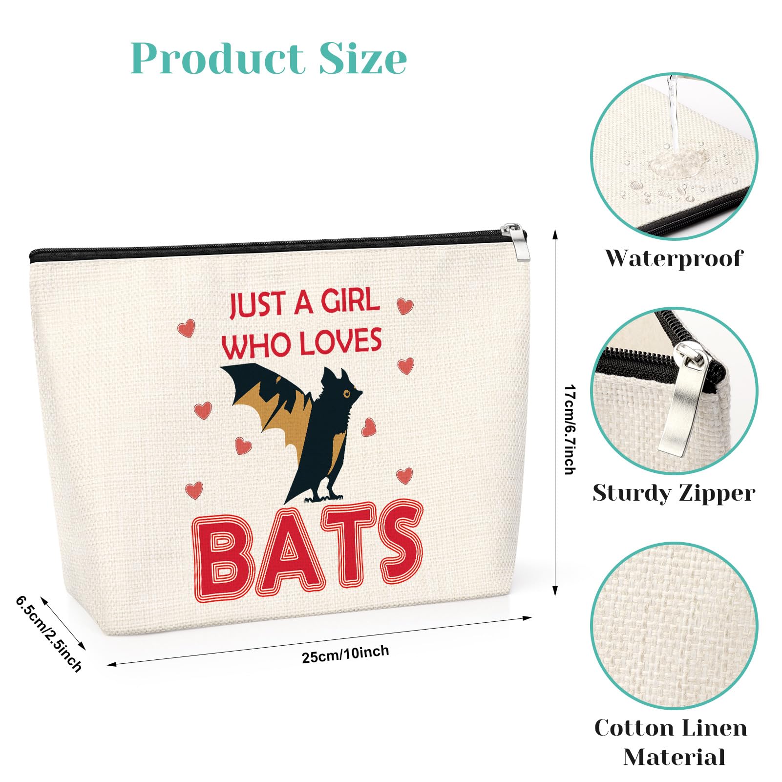 Funny Bat Gifts for Women Makeup Bag Bat Themed for Animal Lover Friend Sister Colleague Toiletry Bag Halloween Christmas Birthdays Present for Daughter Her Girl Travel Cosmetic Pouch - Image 2