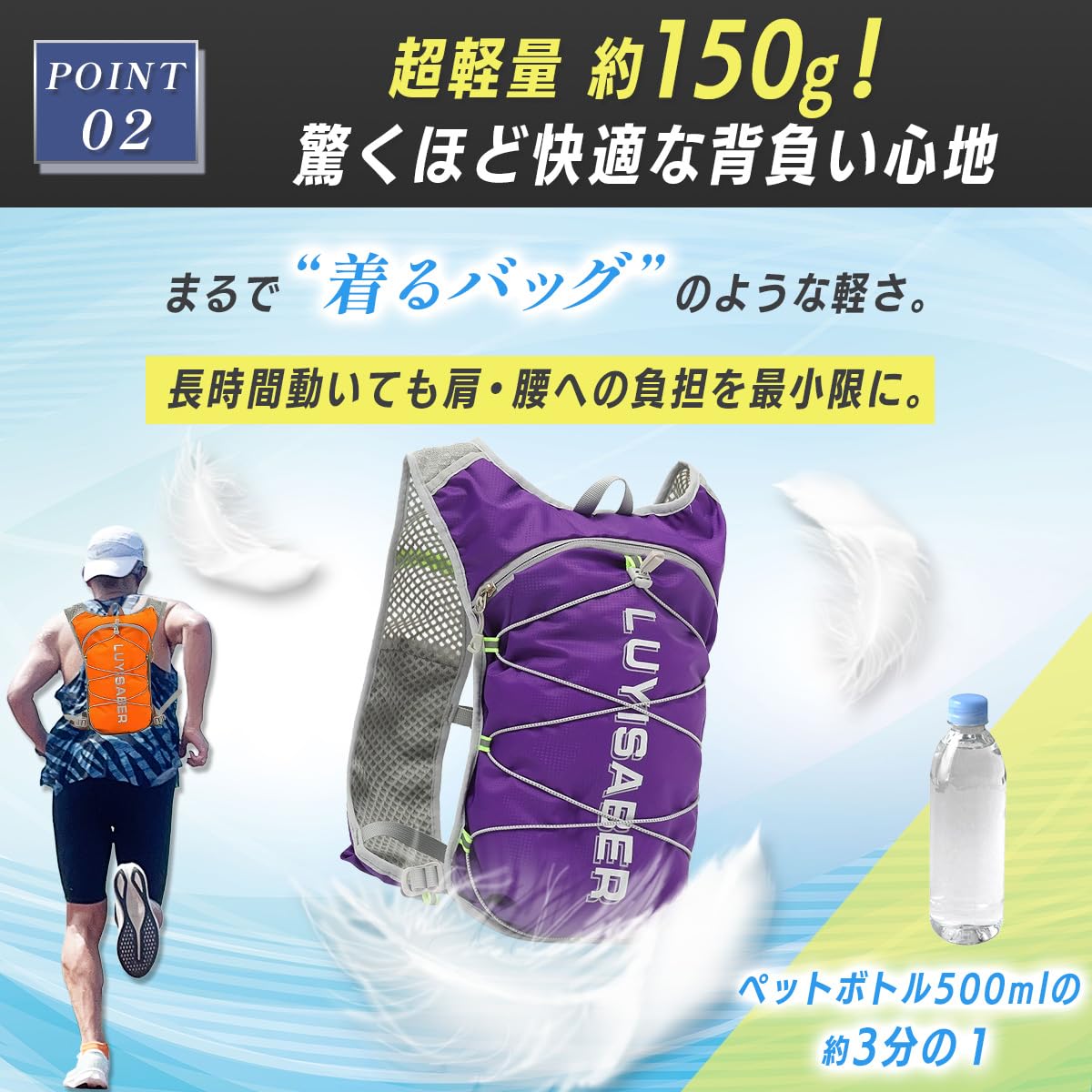 [mitt rom] ランニングリュック 5L 軽量 揺れない 小型 ランニングバックパック 反射材 メンズ レディース マラソン ジョギング バッグ - 3
