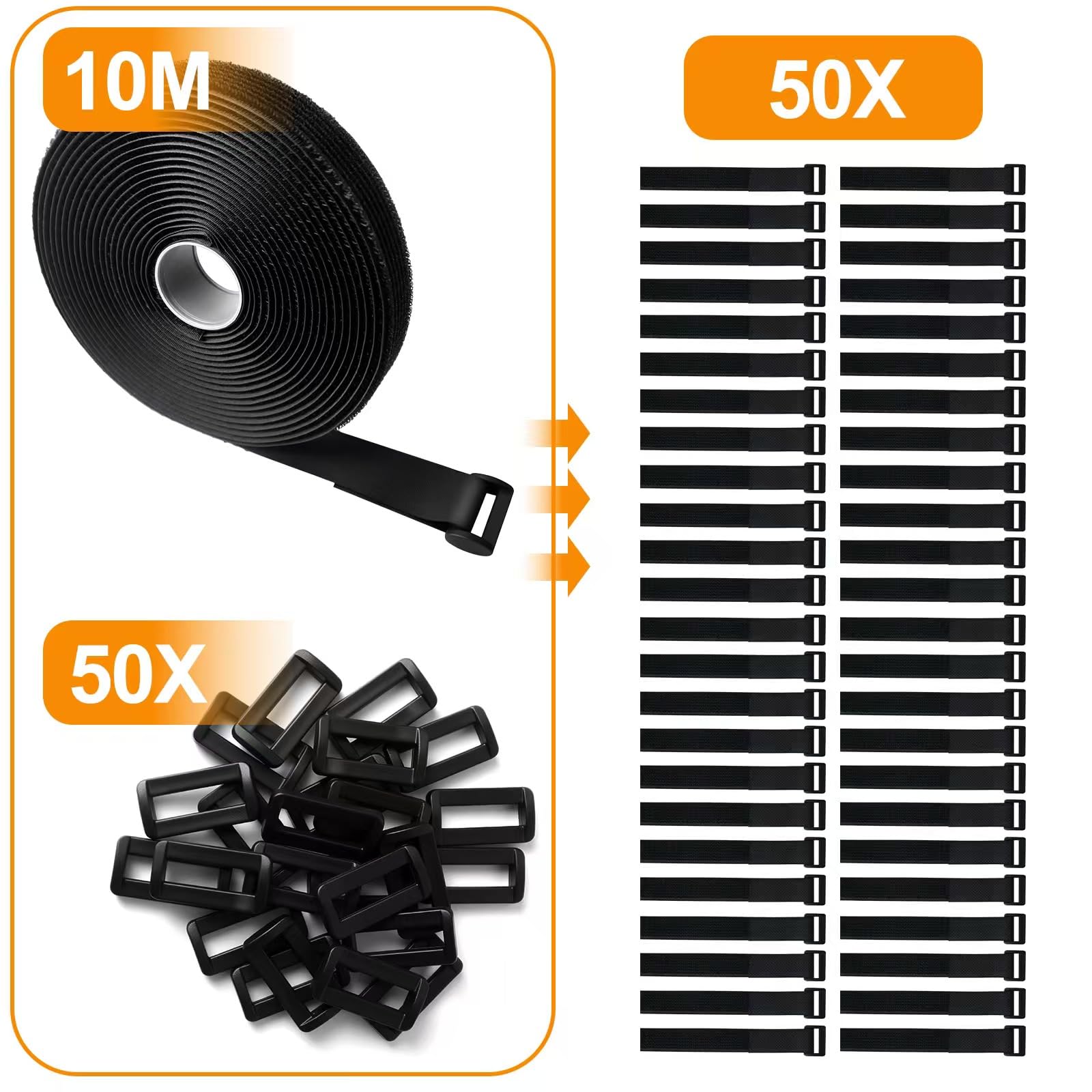 Sangles De Câble Réglables De 10m X 2cm Avec 50 Boucles, Attaches De