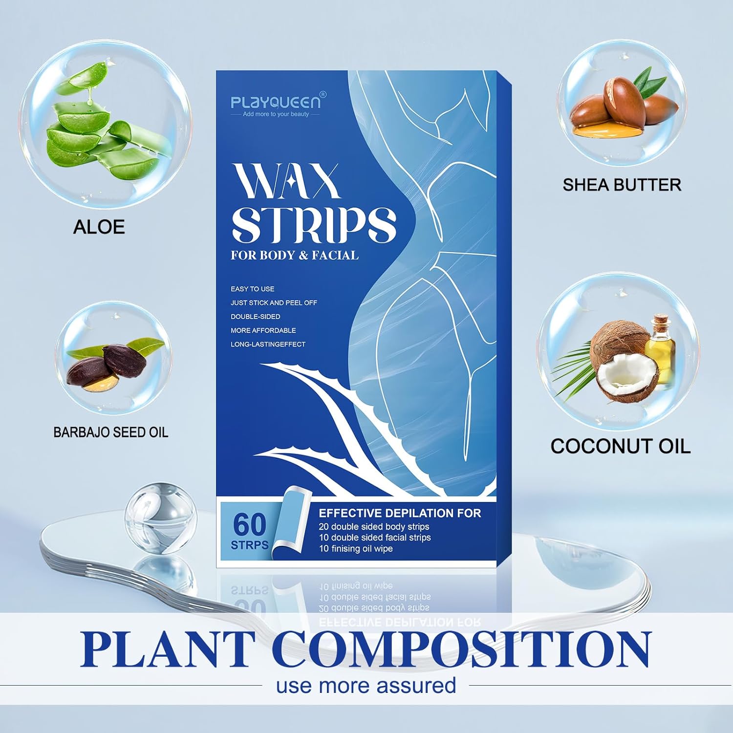 Wax Strips,10 Calming Oil Wipes Hypoallergenic For Hair Removal, For Women and Men, Face Waxing Kit For Women, Body Wax Strips - Brazilian Waxing, Suitable For All Skin Types（60 Count）