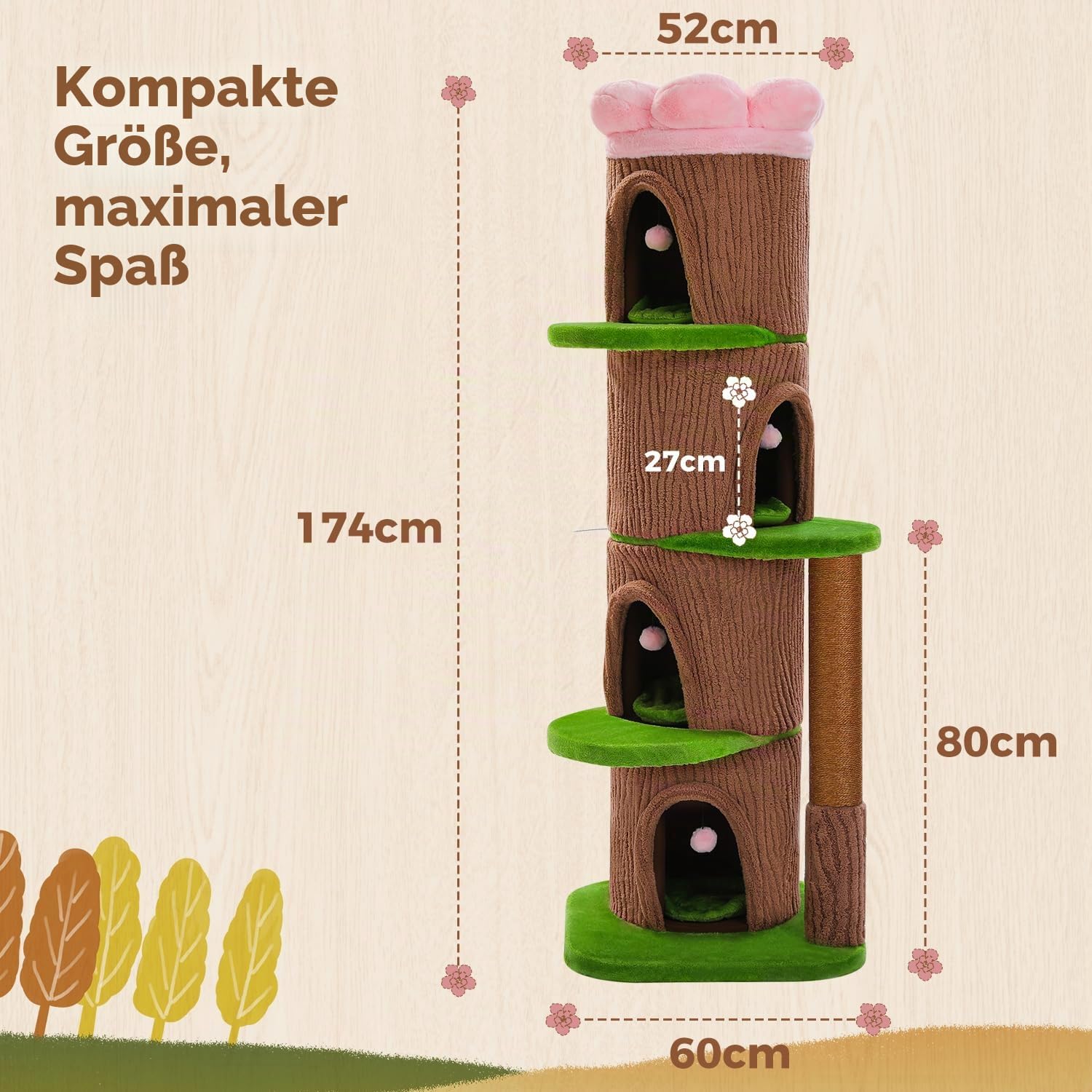 PAWZ Road Katzenbaum aus Massivholz, 136 cm hoher moderner Kratzbaum im Wald-Design mit Blumen-Sitzplattform, Ø 9,6 cm Naturholzstämme, großes Katzenmöbel mit 2 Höhlen