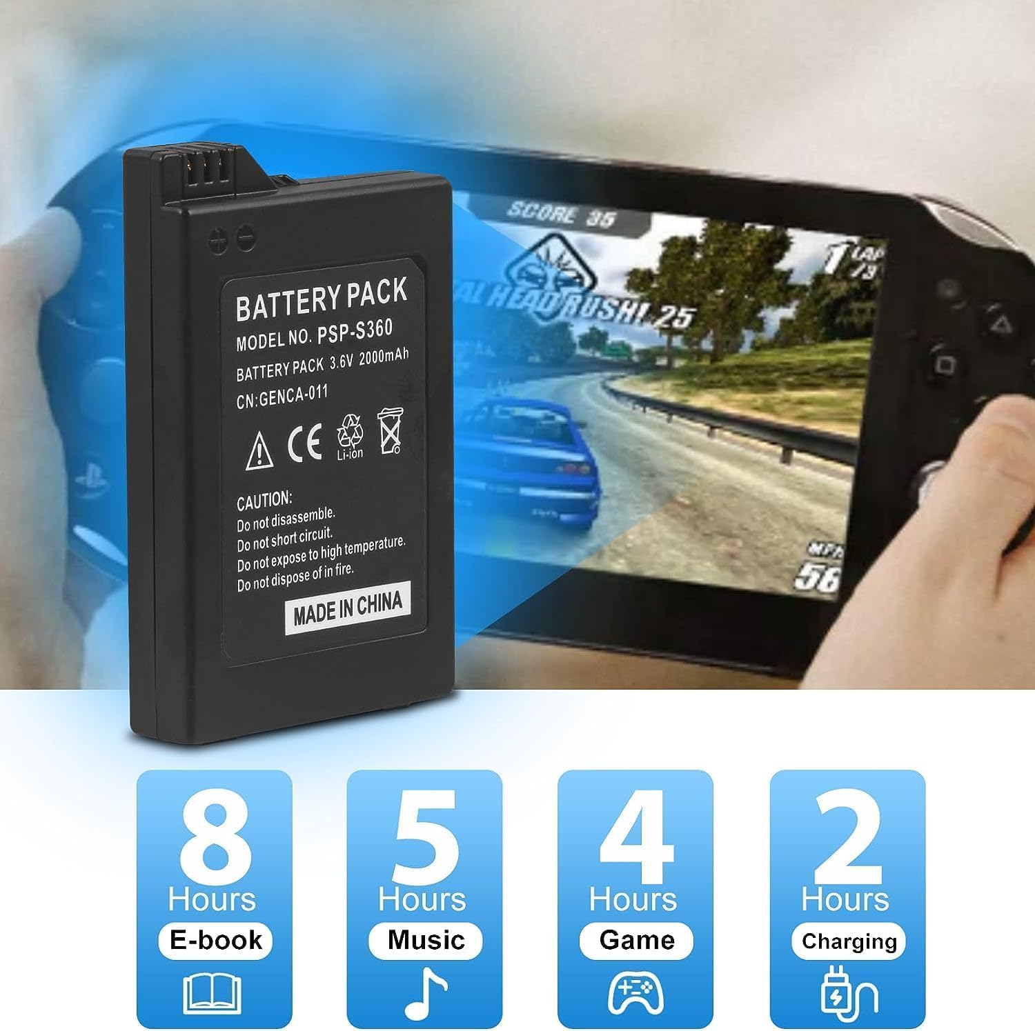 Batteria agli ioni di litio da 2000 mAh, 3,6 V, per console Sony PSP 2000/3000 PSP-S110 PSP-3001 PSP-3002 PSP-3000 PSP-3004 PSP-2001 PSP-2002 PSP-203 (non compatibile Sony PSP modello 1 000).