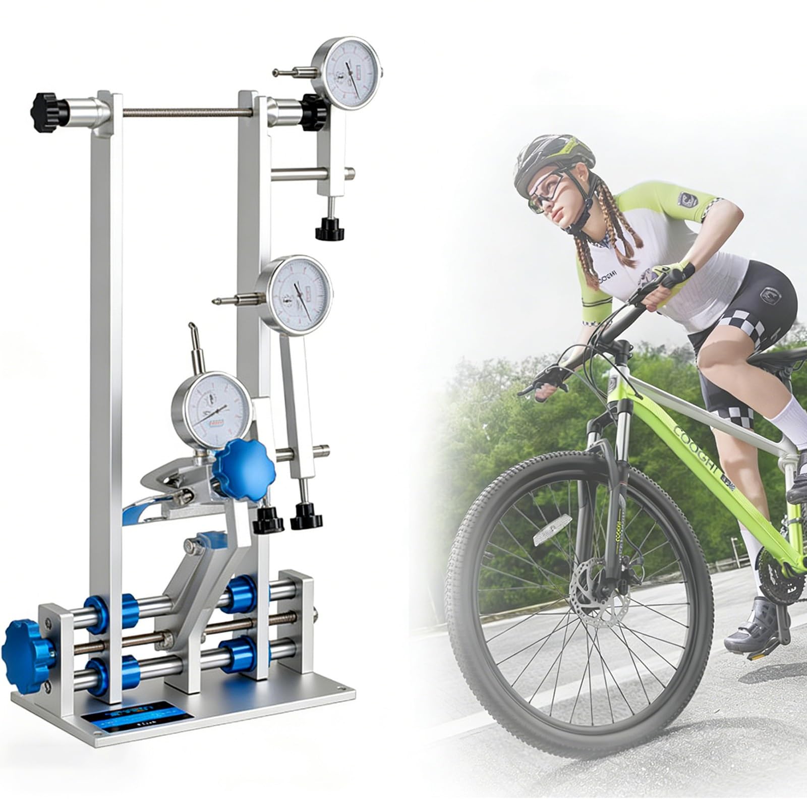 Soporte para Centrar Ruedas de Bicicleta, Herramienta Profesional para Reparación de Llantas con 4 Cojinetes y Llave de Radios Multitamaño, Admite Ruedas de 16 a 29 Pulgadas, para Bicicletas(Blue)