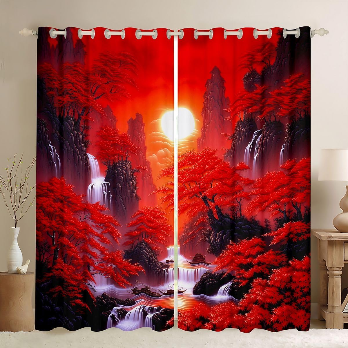 Feelyou Red Maple Tree Blackout Curtains Japanese Style Darkening Drapes for Bedroom Living Room Decor Sunset Sky Thermal Insulated Shades Window Treatments, 2 Panels 38 x 45 Inch