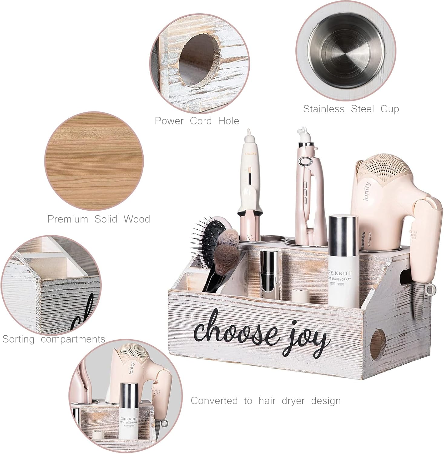 Wooden Hair Dryer Holder, Hair Tool Organizer with 3 Circular Holes and 3 Compartment, Hair Dryer and Styling Holder for Hair Accessories, Curling Wand.
