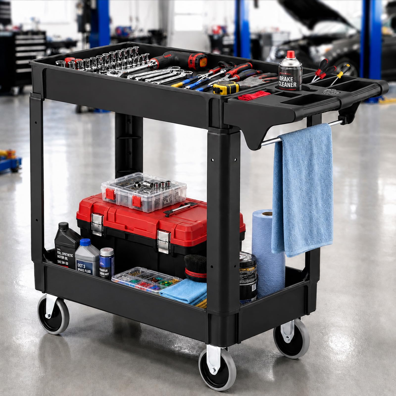 Carrito utilitario de plástico resistente, 40 x 17 x 34 pulgadas, carrito de servicio de 2 niveles con estantes profundos, ruedas giratorias completas, capacidad de 550 libras, carrito de