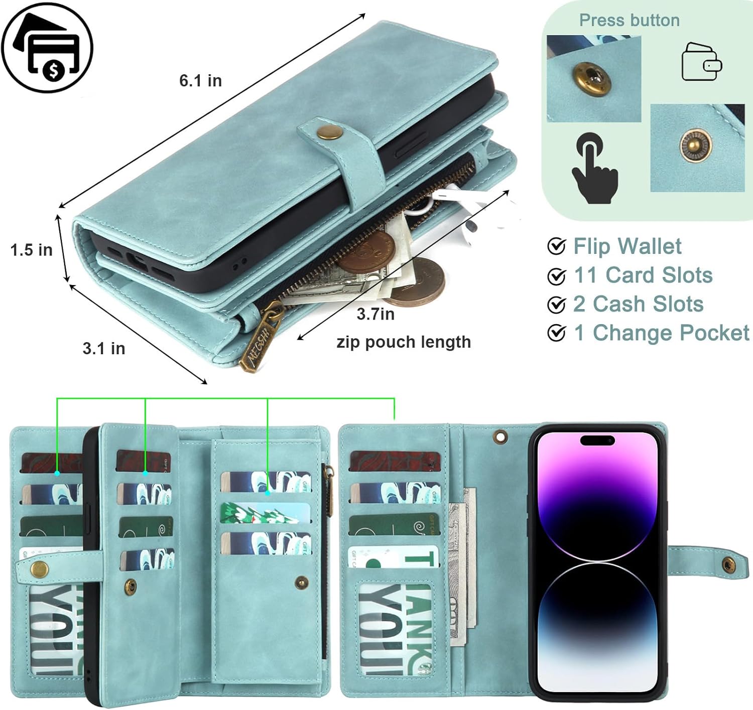 TwoHead Wallet Case Compatible with iPhone 15 Pro,Detachable Magnetic Phone Case,All-Round Protective Leather Phone Case with Card Holder,6.1",Blue - Image 7