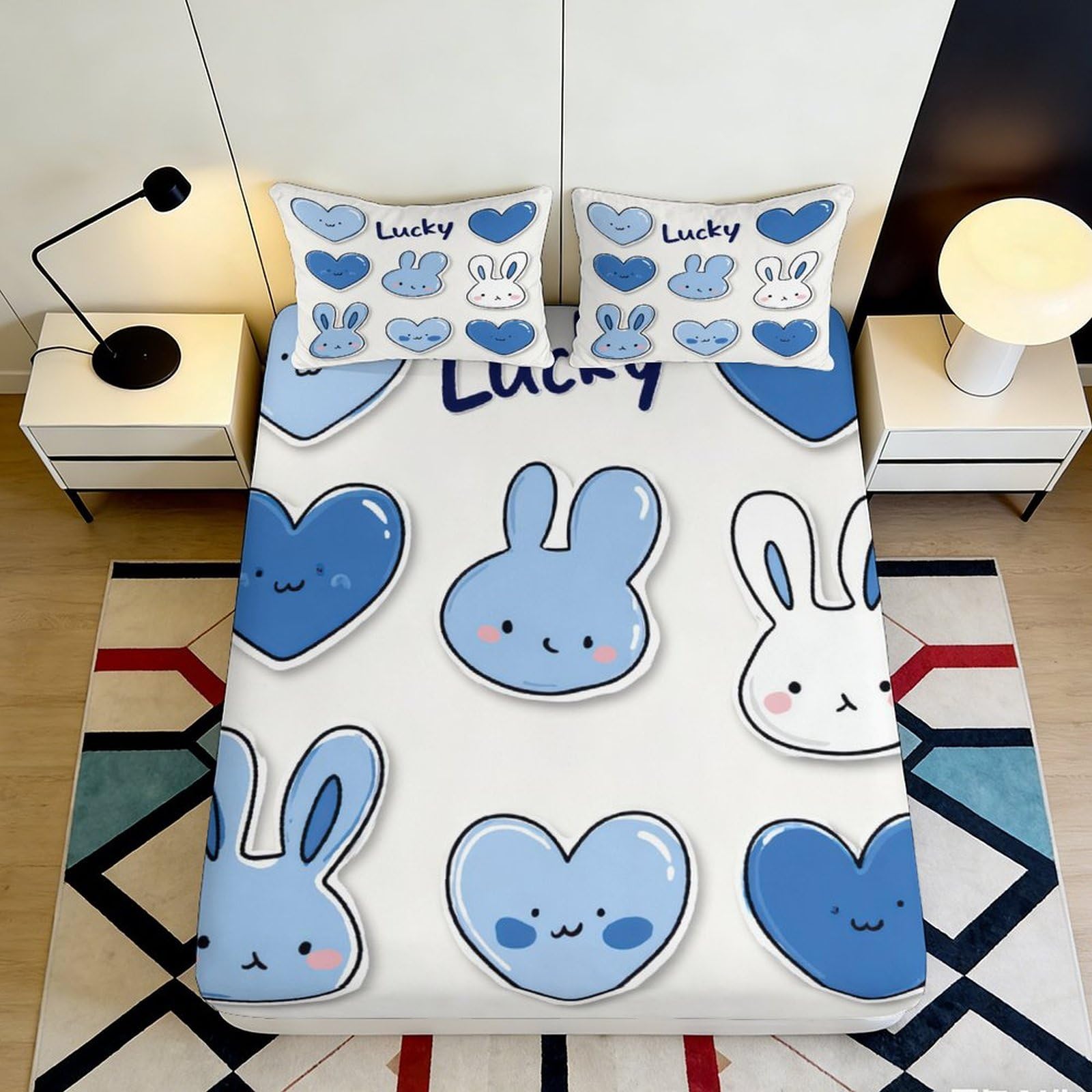 3D Printed Blue Cartoon Rabbit Fitted Sheet Soft Microfiber Deep Pocket Bedroom Bedding Blue Heart Mattress Fitted Cover Non-Slip for Adults Teens 140x200x25cm