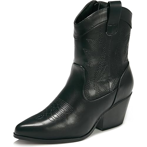 Western Cowgirl Cowboy Ankle Boots for Women or Ladies, Mid Calf, Vegan Leather Embroidered Upper, Low Heel, Fashionable Pointed-toe, Well Made