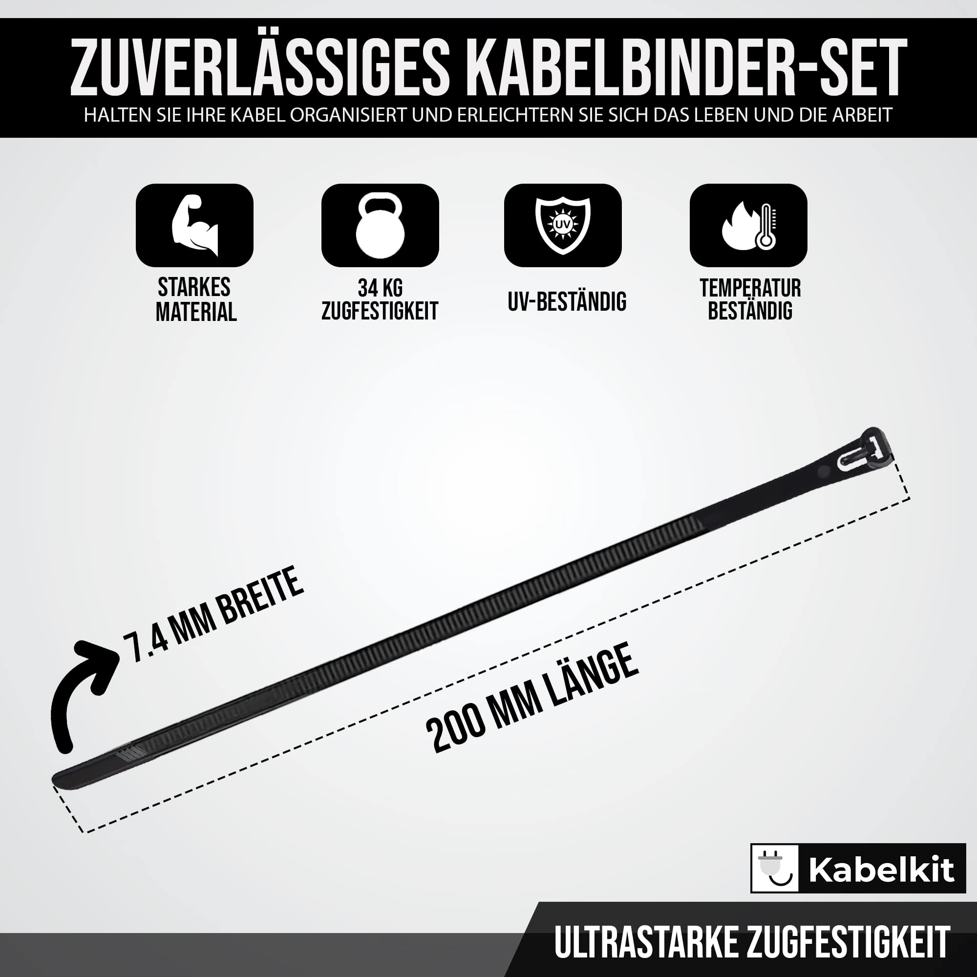 Wiederverwendbare Kabelbinder, 200 Mm X 7,6 Mm, 55 Kg Zugfestigkeit – 100 Stück, Nylon, UV-beständig