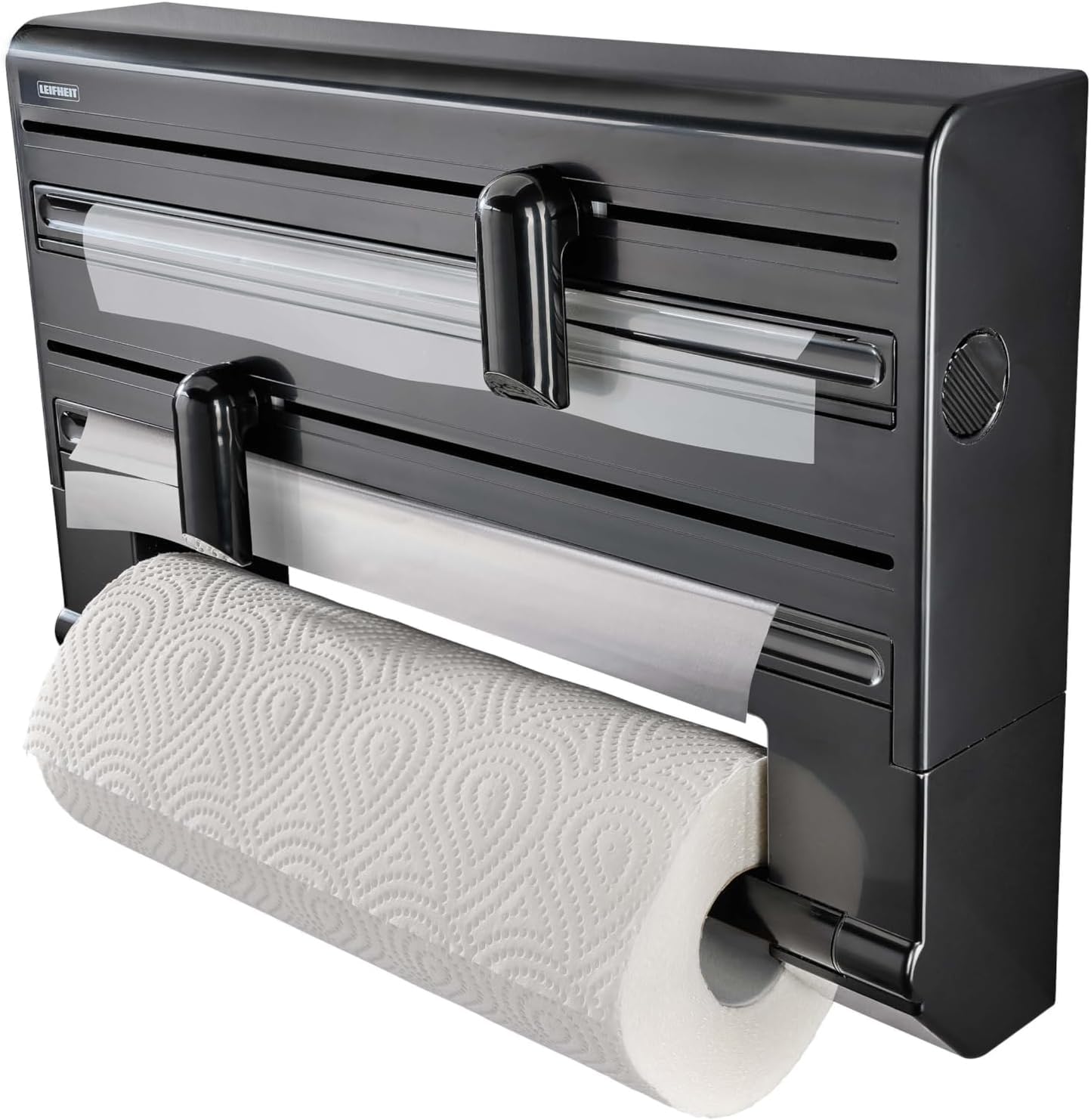Leifheit Portarrollos de pared Parat Black, portarrollos papel cocina montado en la pared de diseño moderno para tres rollos, bordes limpios, porta rollos de papel cocina, porta papel cocina, negro