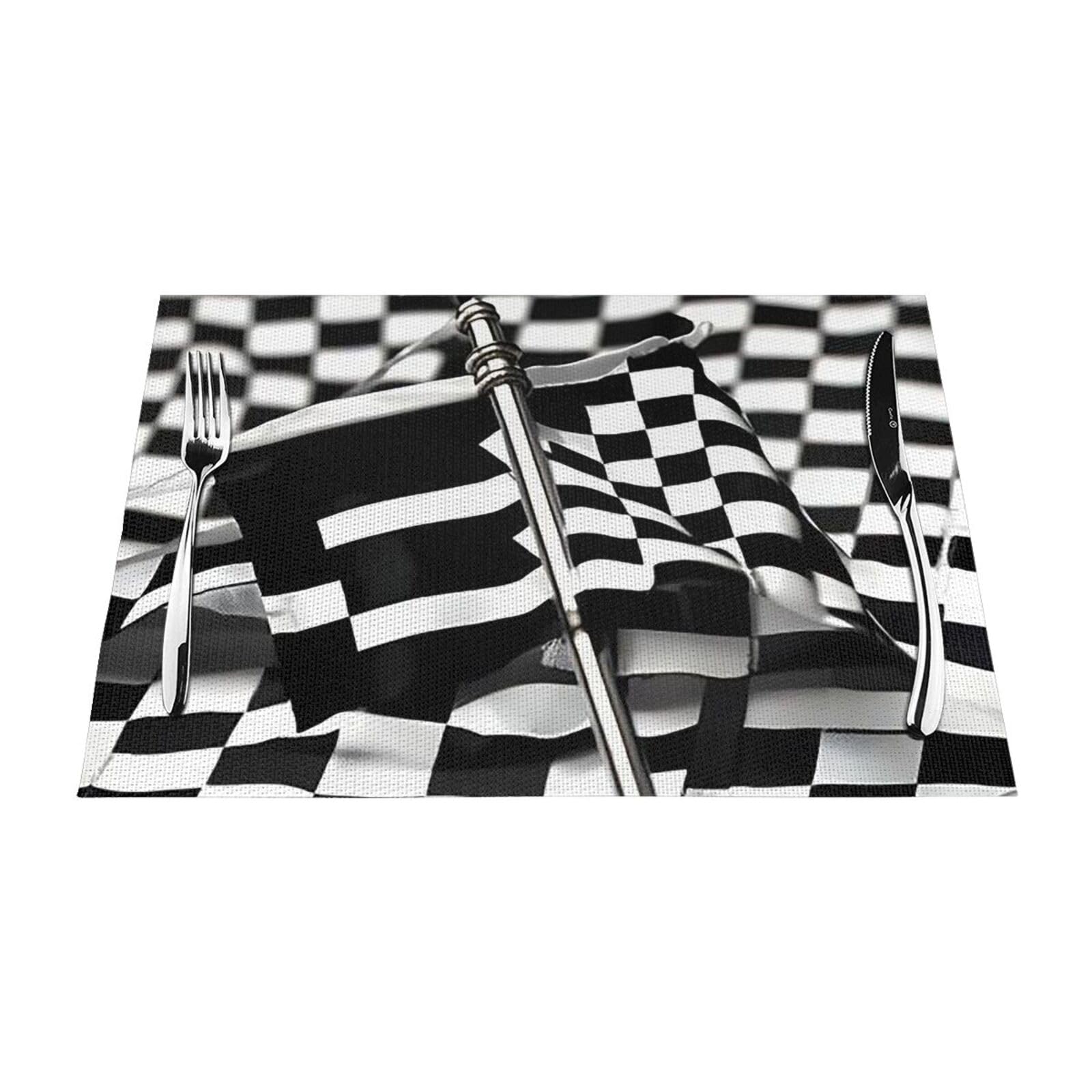 Checkered Flags Race Flags Placemats Set of 1 - Woven Vinyl Kitchen Table Placemats - Heat Resistant Non-Slip Place Mats for Dining Table, Washable Indoor Outdoor Table Mats 12x18 Inch