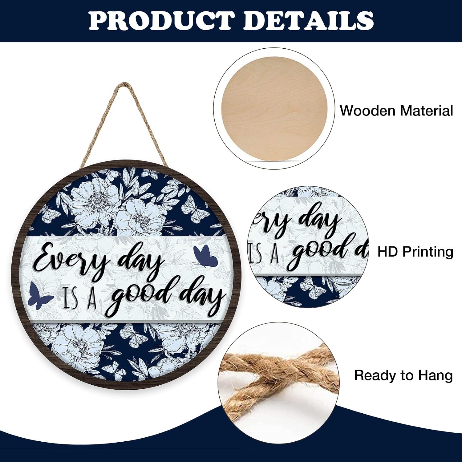 Inspirational Every Day is a Good Day Front Door Sign, Blue White Floral Butterfly Wood Plaque Hanger Farmhouse Home Decor, Positive Spring Summer Flower Wooden Wreath Wall Hanging Decoration