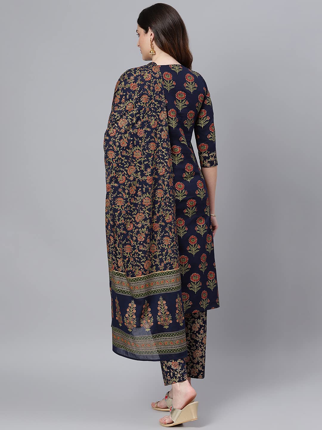 Idalia Women's Navy Blue Gold Printed Cotton Kurta Set With Pant And Dupatta