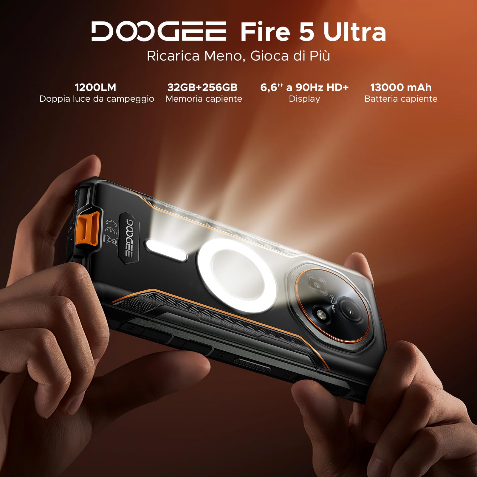 DOOGEE Fire 5 Ultra Rugged Smartphone, 32GB+256GB/2TB Telefono Indistruttibile, 1200LM Campeggio Luci, 13000mAh Batteria, MTK G81, Android 15, 48MP+8MP/4G Dual SIM/Fingerprint/Face ID/NFC