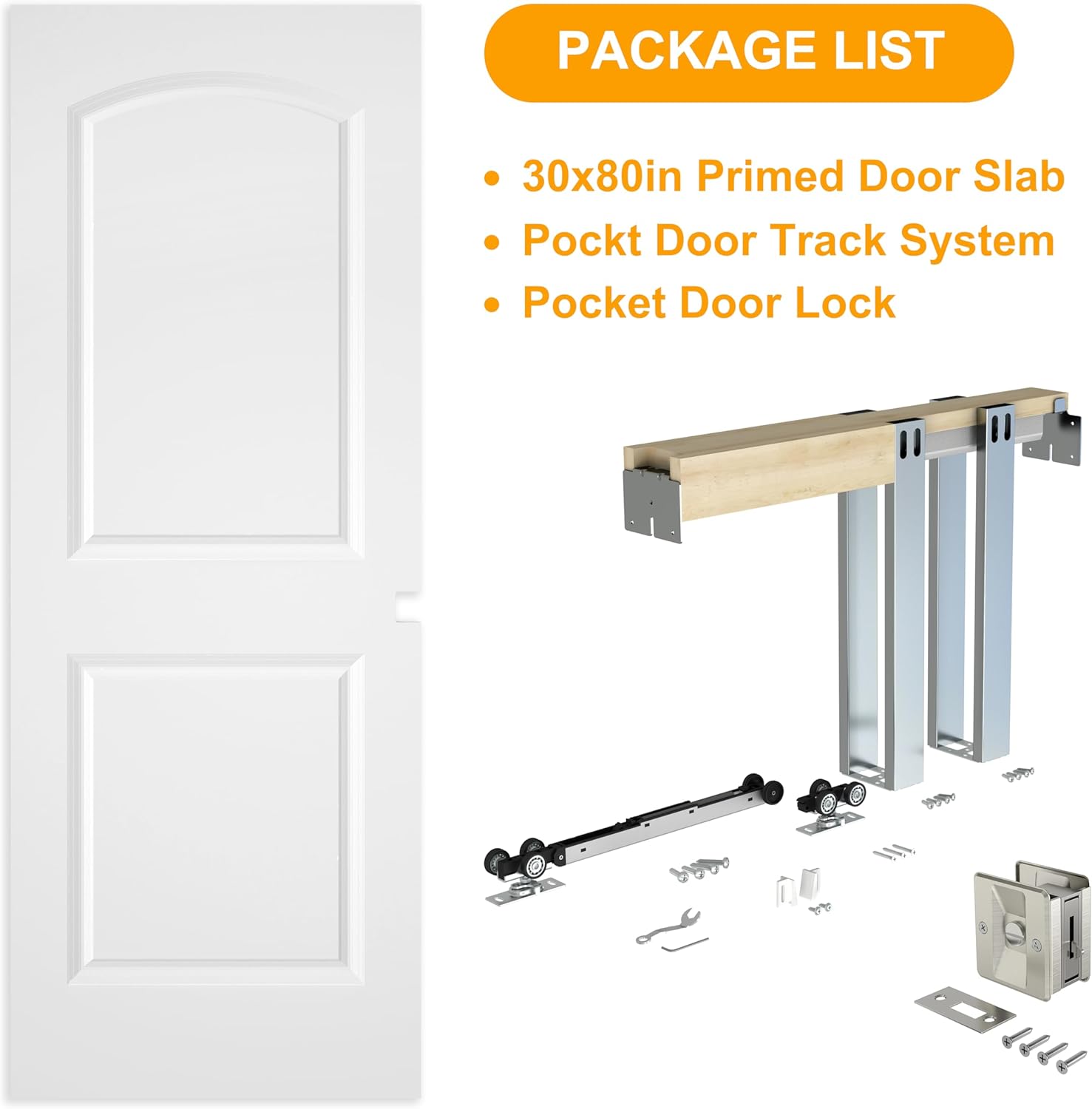 BARNSMITH 30in x 80in Sliding Pocket Door, Raised 2-Panel Arch Top Smooth White Primed Door Slab wtih Track Hardware and Frame Kits & Privacy Latch, Soft Close Mechanism, Durable and Smooth-Sliding