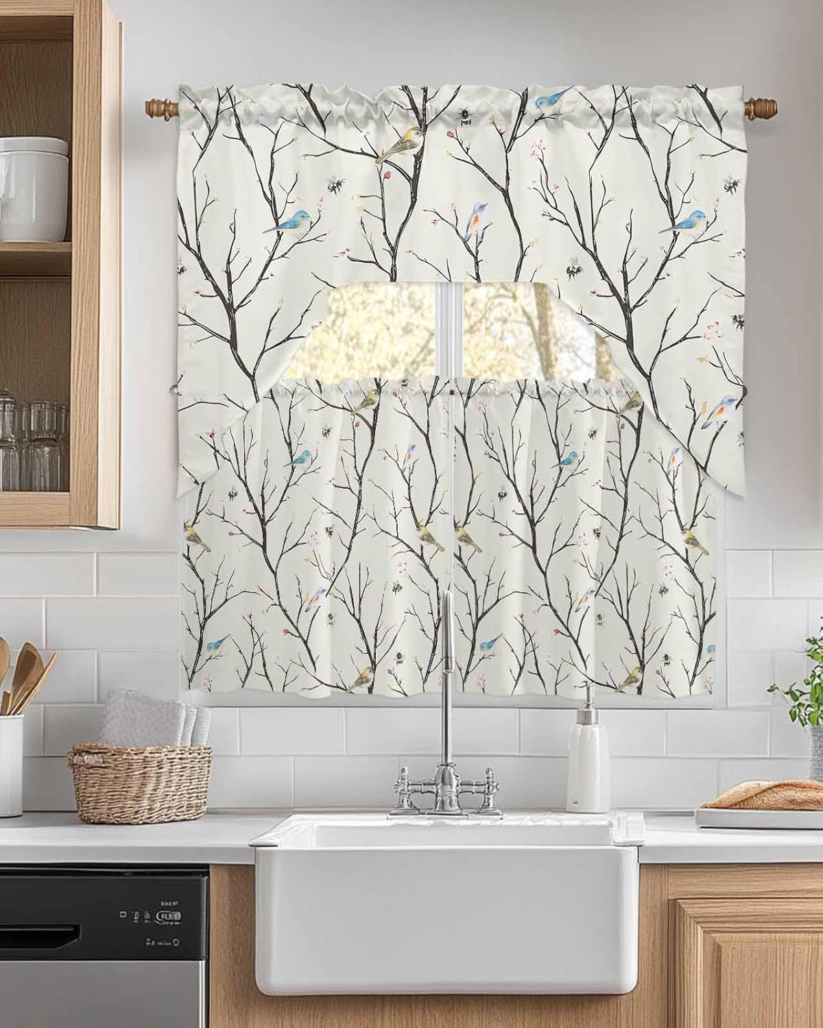 Swag Kitchen Curtains and Valances Set Bird Swag Curtain Valances and Tier Set Vintage Floral Tree Branch Rod Pocket Curtain Drapes for Kitchen Living Room Bedroom Window Treatment 56"x36"+27.5"x36"