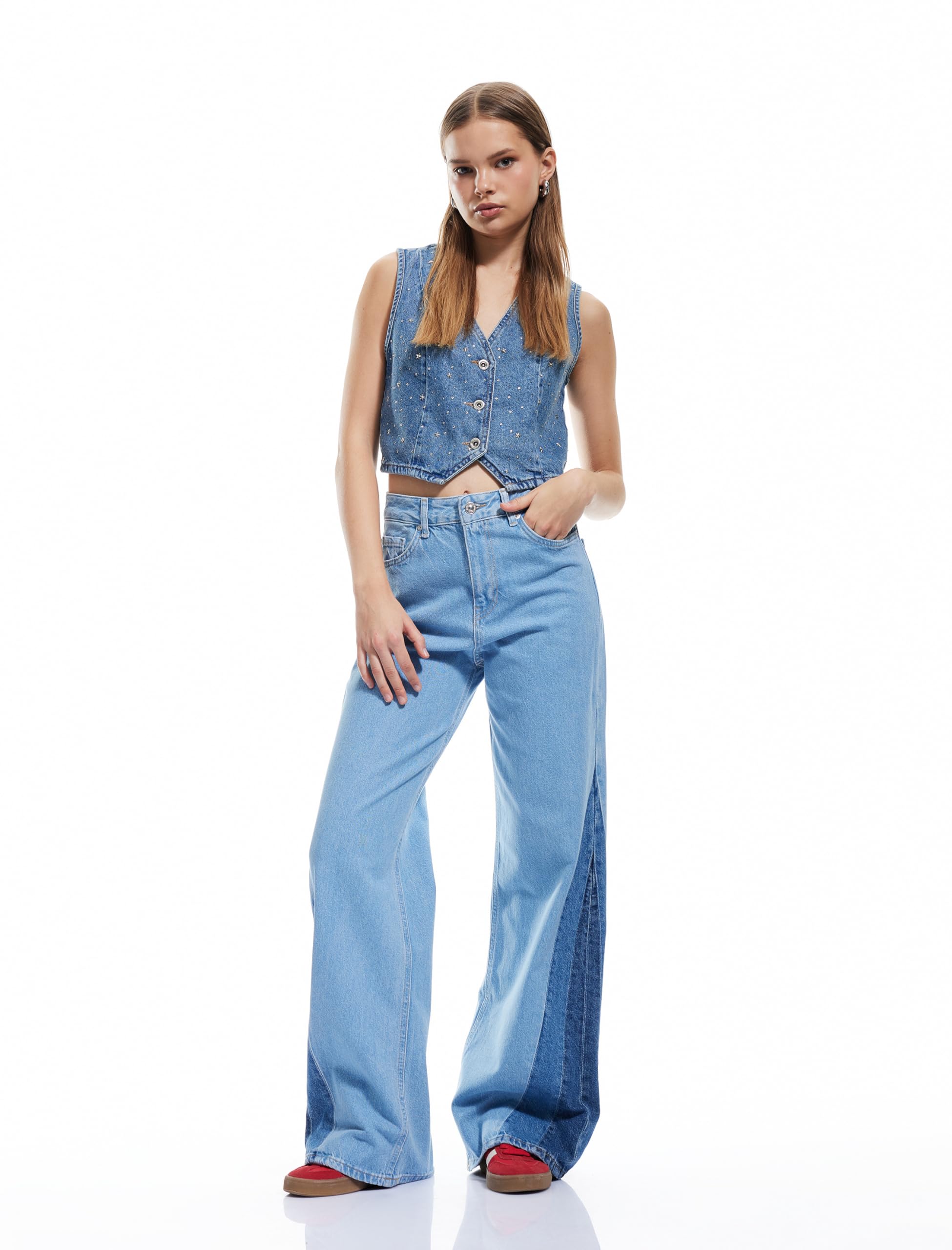 Yüksek Bel Geniş Paça Renk Bloklu Pamuklu Denim Pantolon- Wide…