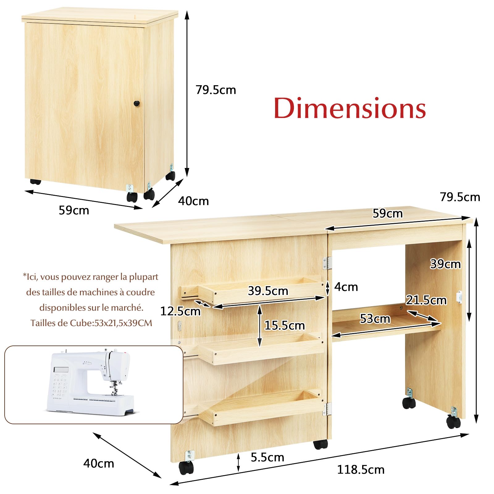 GOPLUS Meuble Couture Pliante,Table Couture avec 3 Étagères et 1 Plateau Machine à Coudre,2 en 1 Bureau Pliable avec 4 Roues, Bois Armoire Peu Encombrante pour Retoucherie,Salon,117x40x74CM,Brun Clair