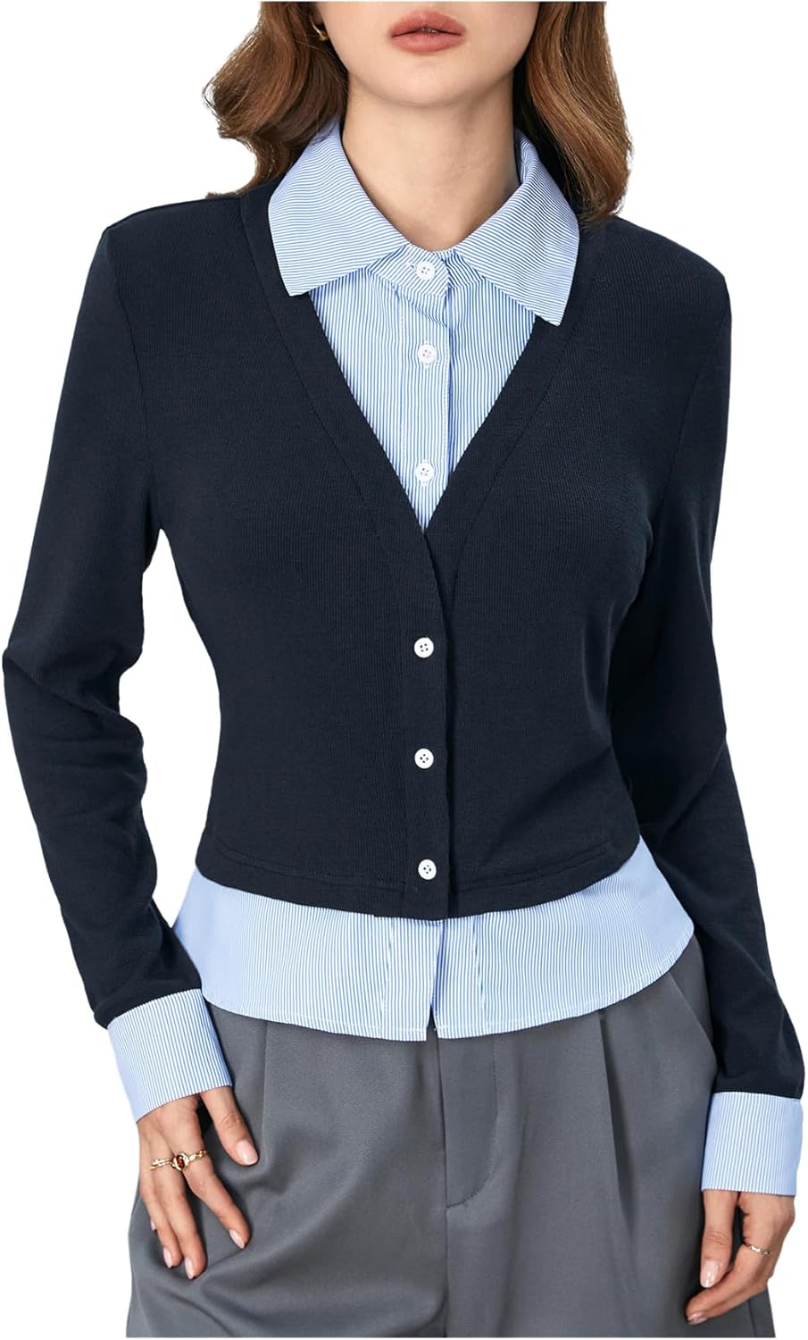 MakeMeChic Women's Casual Business Top Long Sleeve Shirts Button Down Collared Blouse