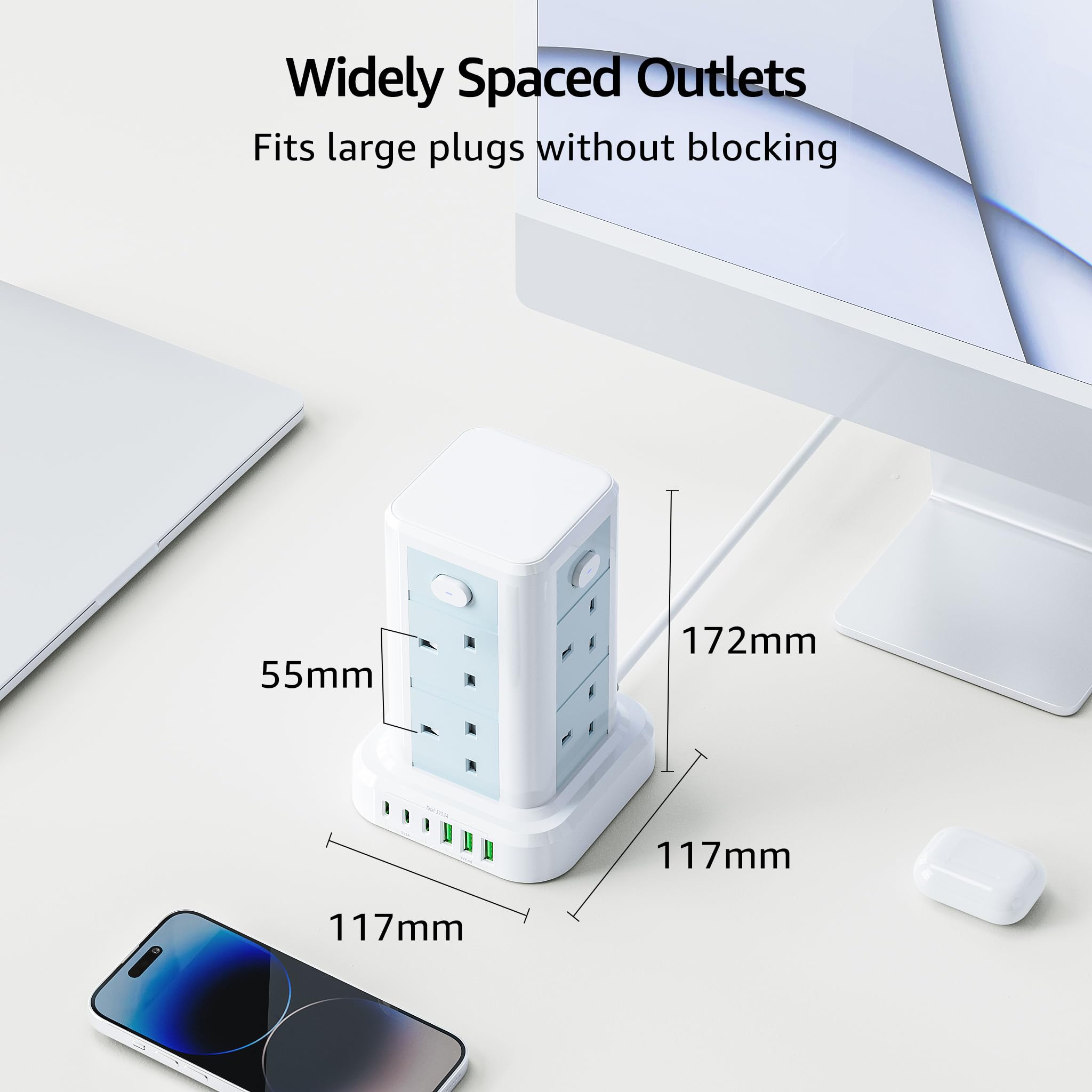 Tower Extension lead with USB Slots, Toomke 8 Way (13A/3250W) Plug Extension Socket Tower with 3 USB C and 3 USB A, Overload Protection Extension Cord with 4 Independent Switches, Power Cord 1.8M — view 6