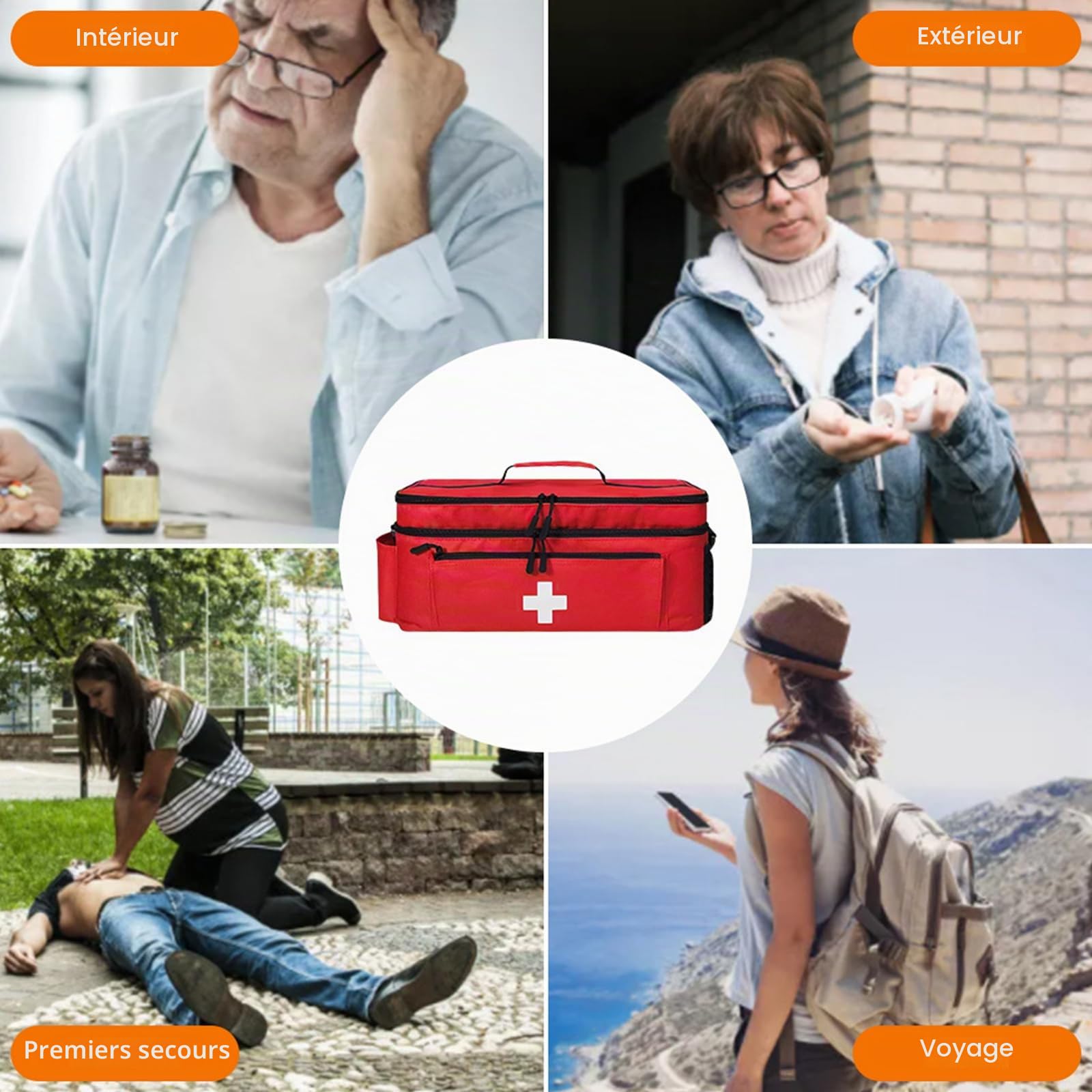 Sac médical portable étanche et résistant à l'usure avec bandoulière amovible, sac de premiers secours vide pour la maison, les voyages, les urgences, rouge (18 x 23 x 40 cm), rouge