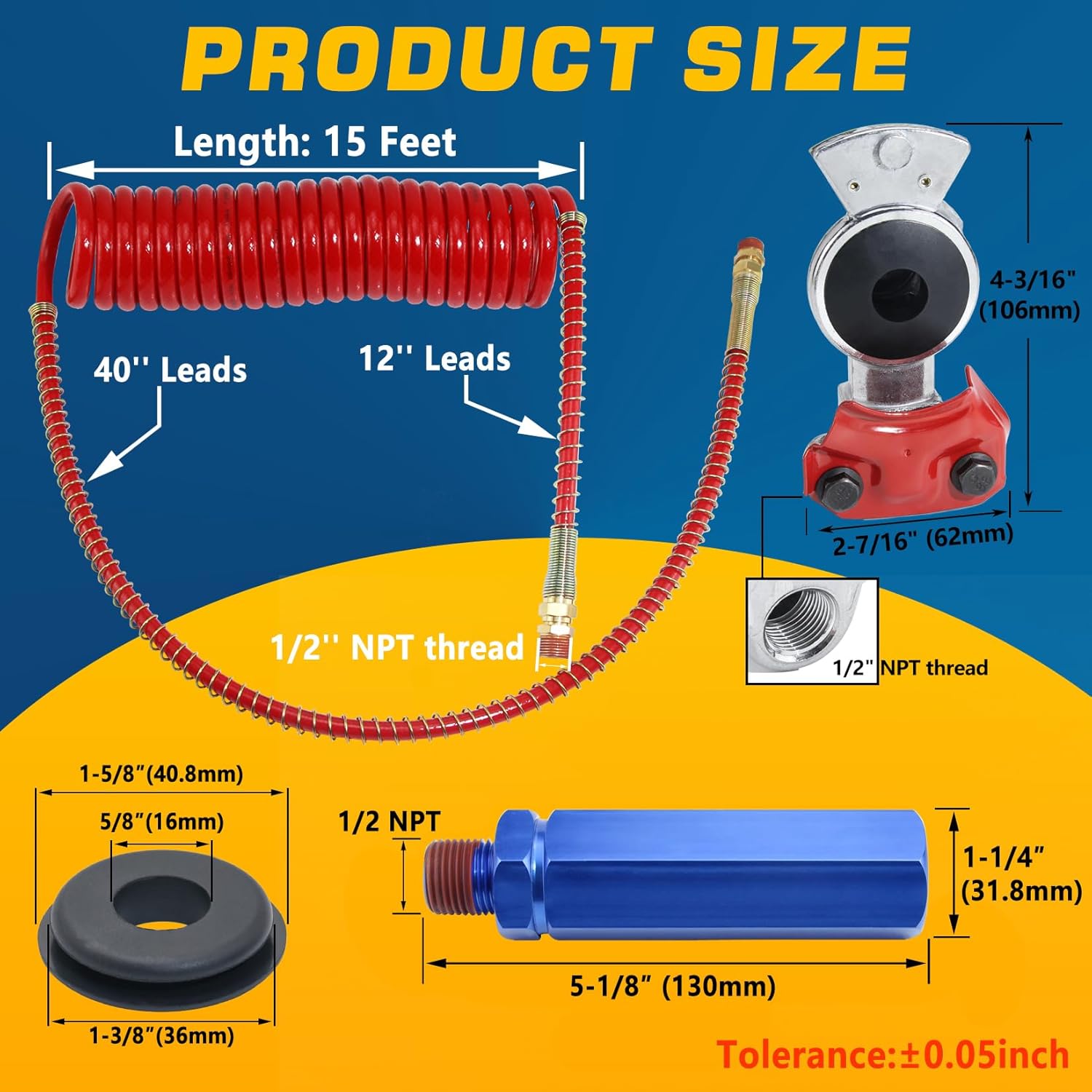 15Ft Coiled Air Brake Hoses Assembly and Accessory Kit 40'' & 12'' Pigtails Leads, Semi Truck Red Blue Coiled Air Brake Lines with Aluminum Glad Hands & Extension Handle Grips & Rubber Seals