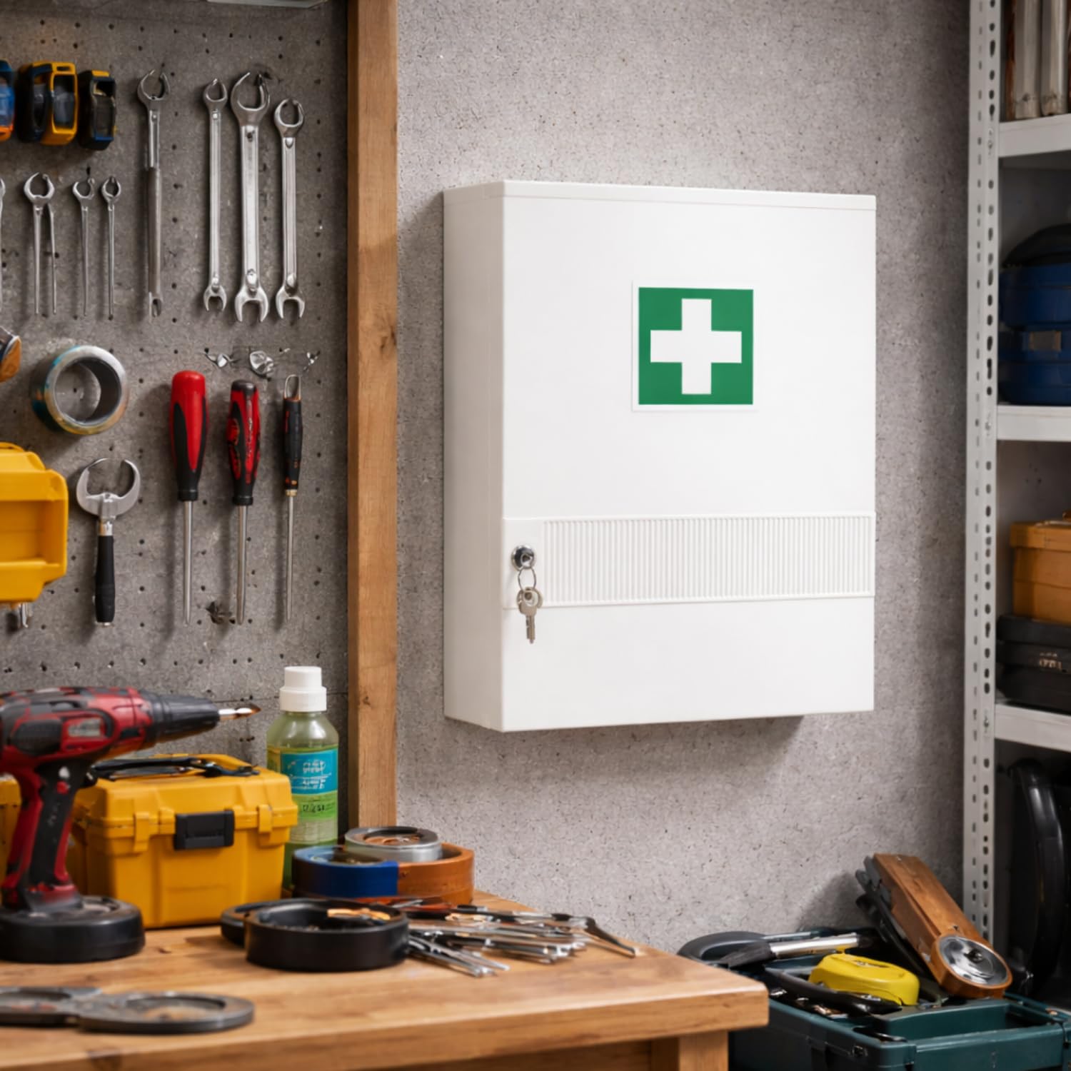 First Aid Products - Erste Hilfe Verbandschrank Kunststoff gefüllt mit DIN 13157, Medizinschrank mit 10 Fächern (4 variabel), Sicherheitsschloss – 45 x 34,5 x 16 cm - robust, kompakt & hängend Wand