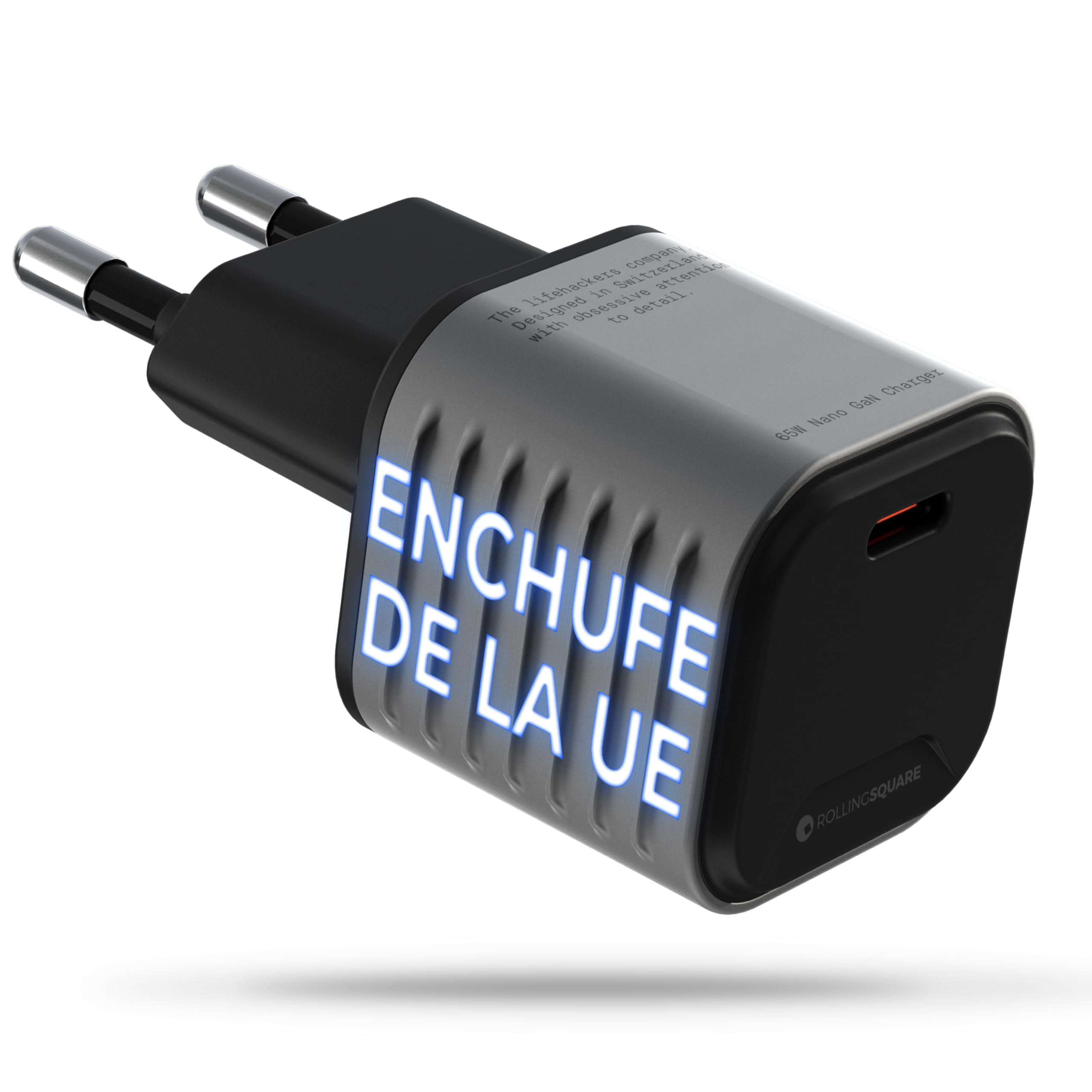 Rolling Square Supertiny - 65W Cargador Portátil de Pared USB C Carga Rapida 65W GAN Ultra Pequeño, Adaptador Enchufe EU Pared para Ordenador Portátil, Telefono Móvil, Tableta