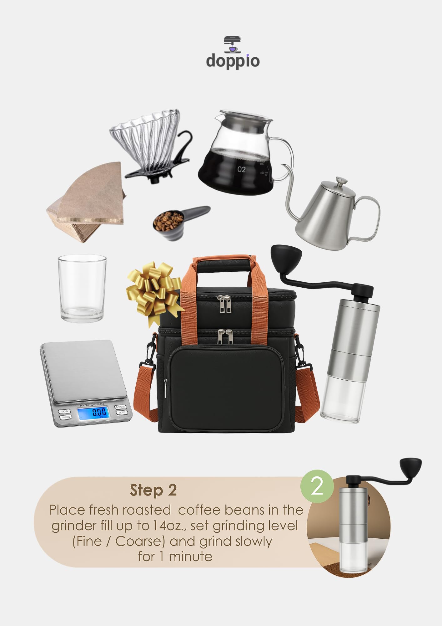 DOPPIO V60 Coffee Maker Dripper Set, 12-Pcs Pour Over Coffee Maker Brewing Set with 600ml Glass, Gooseneck Kettle, V60 Glass, Dripper & Carry Case,Gift-Grey (Premium Kit) for Home,Office & travelling 3