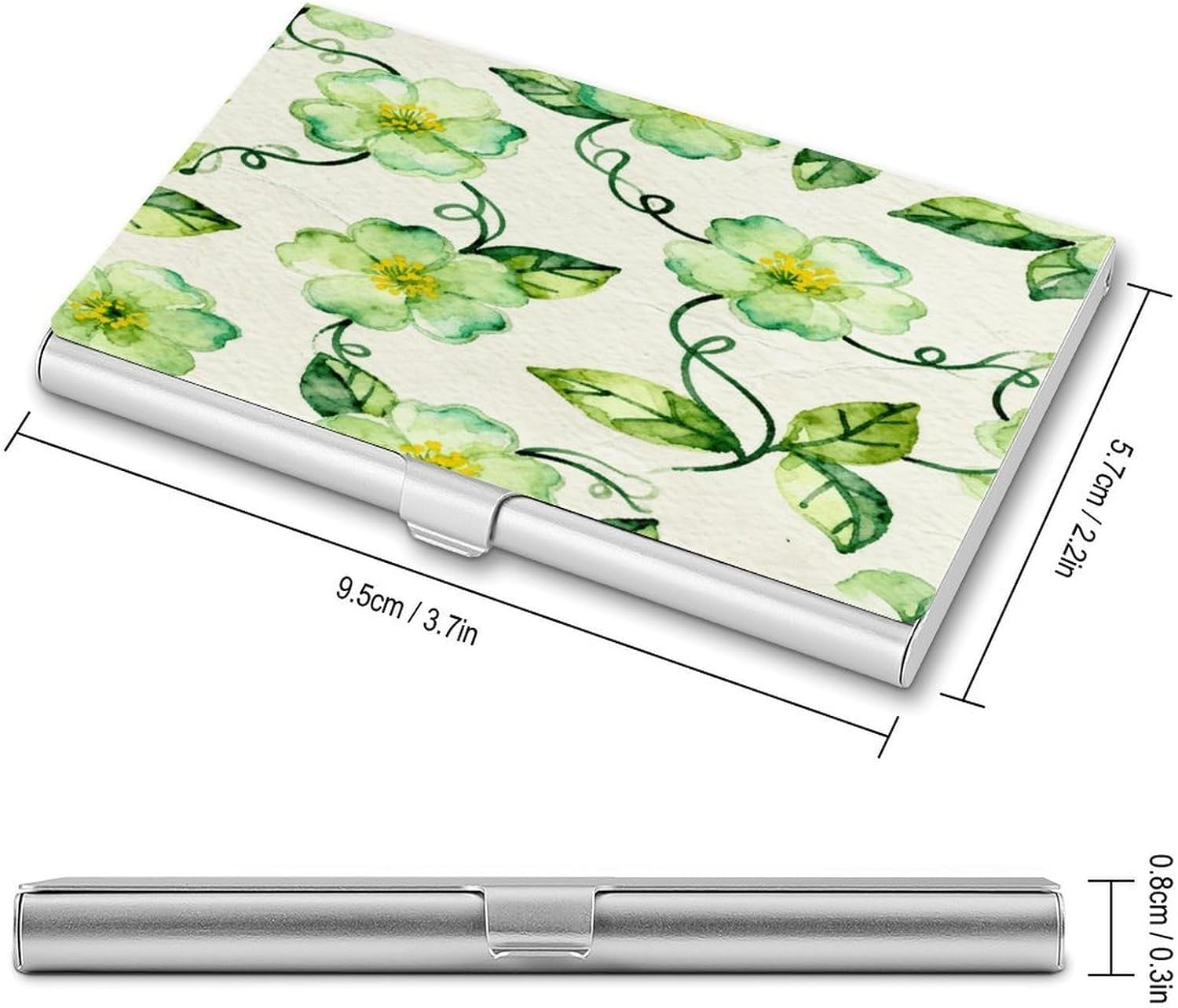 Personalized Floral Print Green Business Card Case Ultra-Thin Aluminum Alloy Business Card Holders with Buckle Style Shut Lightweight Business Card Wallet for Men Women