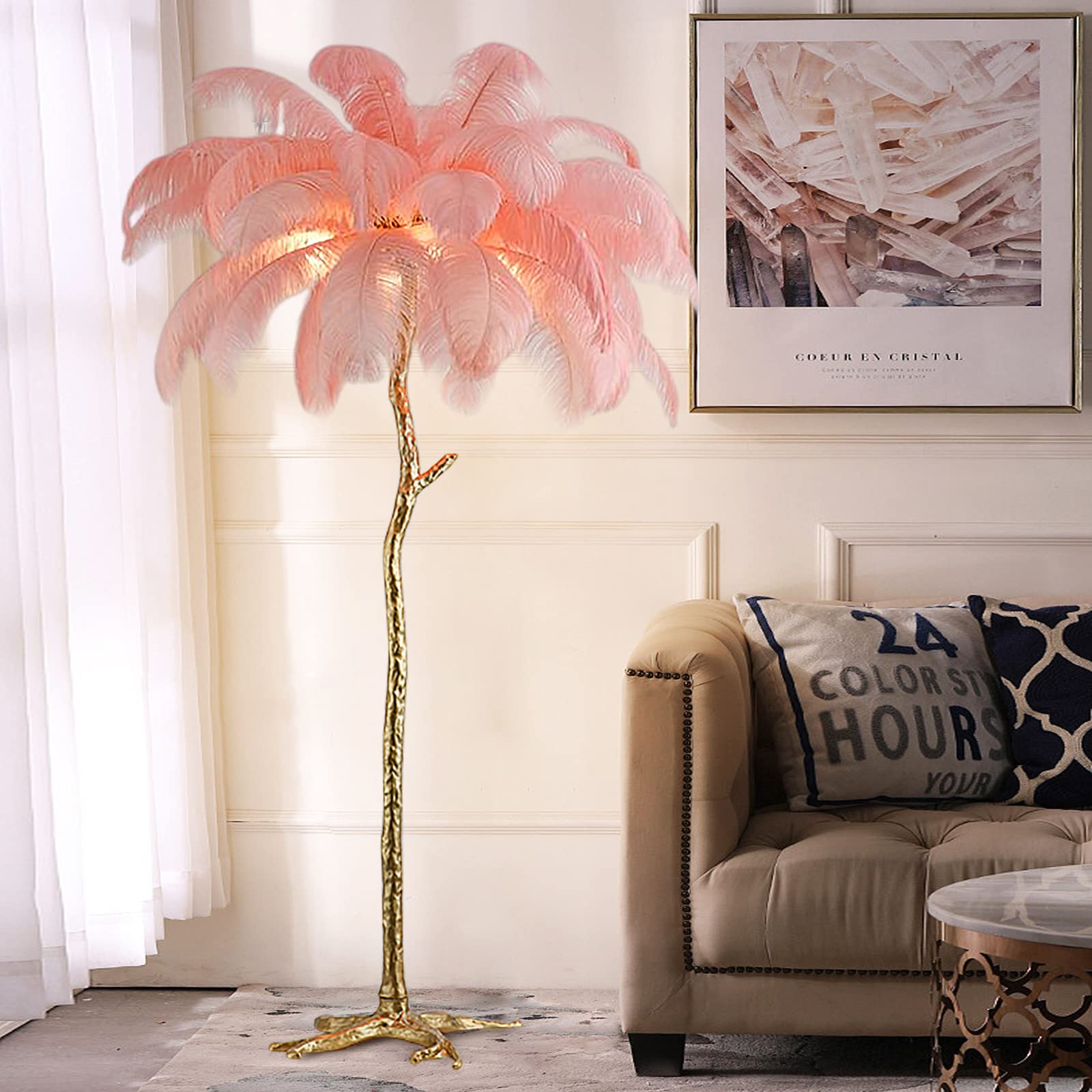 KISFWIU floor lamp,ostrich feather lamp With 35 feathers lampshade Gold resin lamp pole large standing lamp Suitable for bedrooms and living rooms 170 * 110cm (pink)