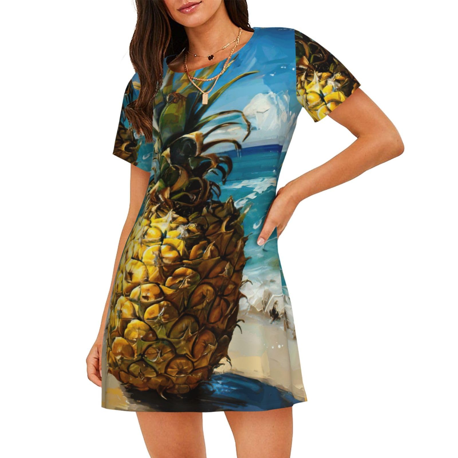 XTYGETY Pineapple By The Sea Print Womens Nightgown Ladies Sleepwear For Summer Nightdress Sleepshirt Sleepdress Nightshirts Black