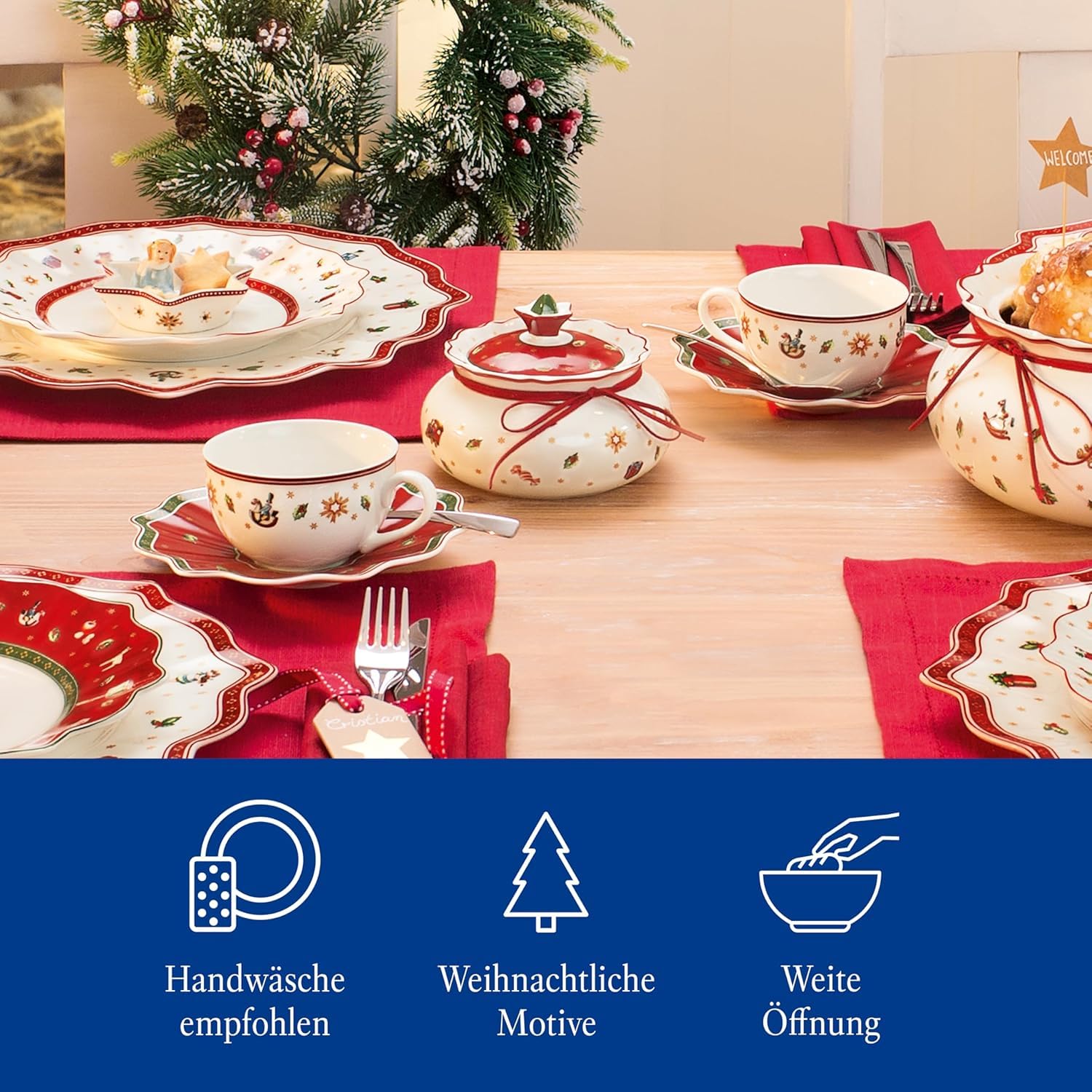 Villeroy & Boch Toy's Delight Dosen-Set 3-teilig, Vorratsdosen in 3 Größen (14 cm / 20 cm / 21 cm), Gebäckdosen/Keksdosen mit Weihnachtsdekor, Premium Porzellan, Weiß/Rot