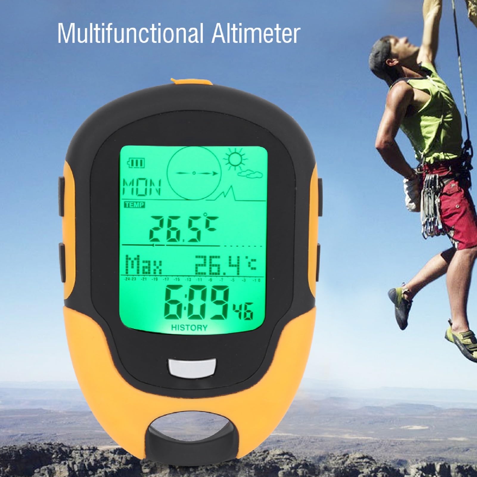 FR500 Al Aire Libre Multifuncional Coche Altímetro Barómetro Termómetro Higrómetro Brújula Altímetro Digital con Múltiples Funciones Portátil Senderismo Altímetro Trekking