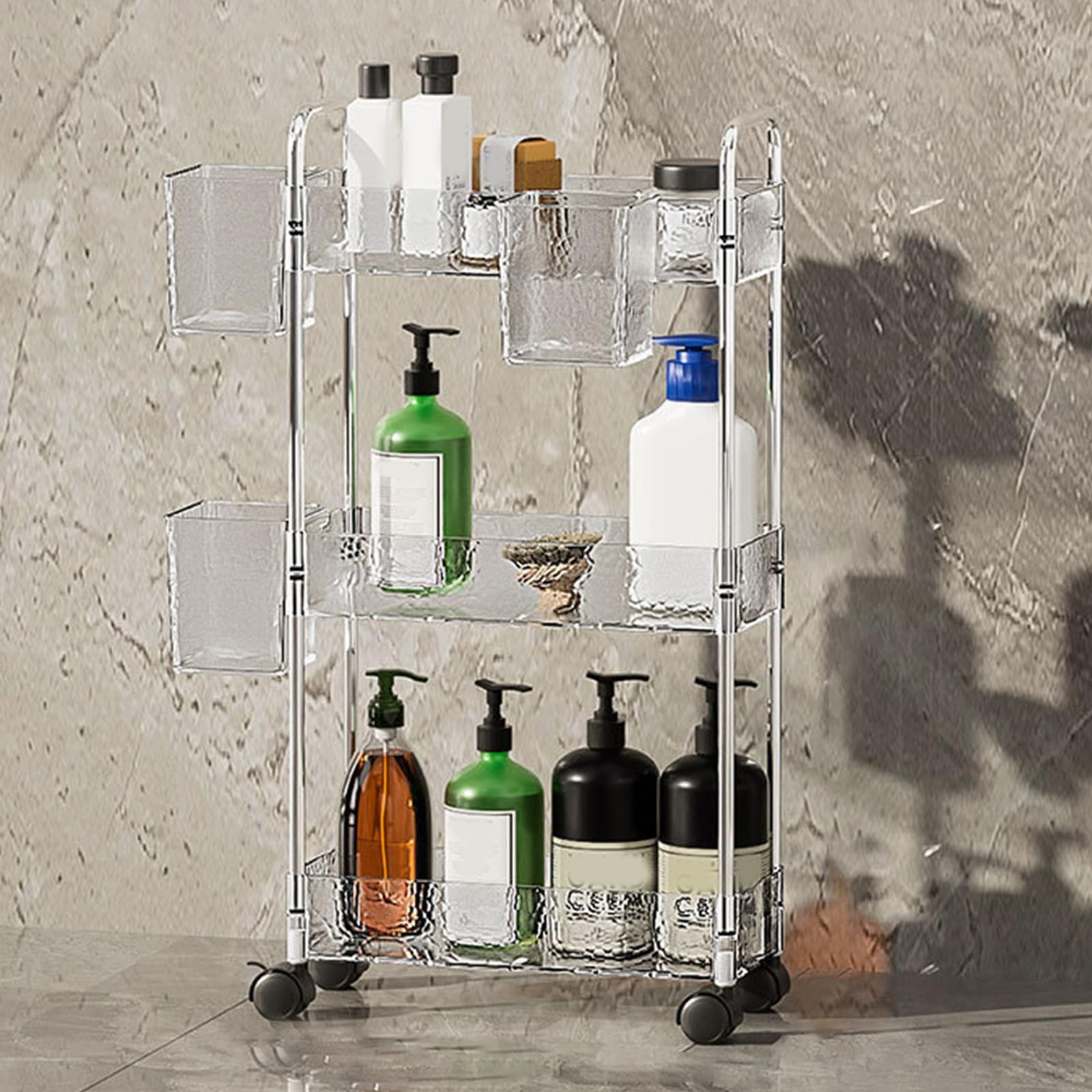Carrello portaoggetti con Ruote, Carrello portaoggetti Mobile da Cucina a 2/3/4 Livelli, unità di scaffalatura per l'organizzazione del Bagno per la Lavanderia (Trasparente, 3 Livelli)