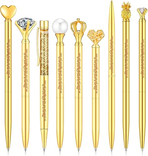 Yeaqee Juego de 9 bolígrafos de metal con diamantes de cristal motivacional para diario, tinta negra, bonitos y lindos bolígrafos kawaii, regalos de