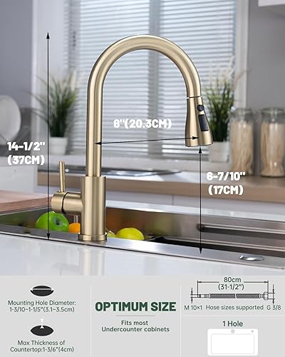 Miniatura 6 de DAYONE Grifo de cocina dorado cepillado con rociador desplegable (3 modos), grifo de acero inoxidable para fregadero de cocina, arco alto de una